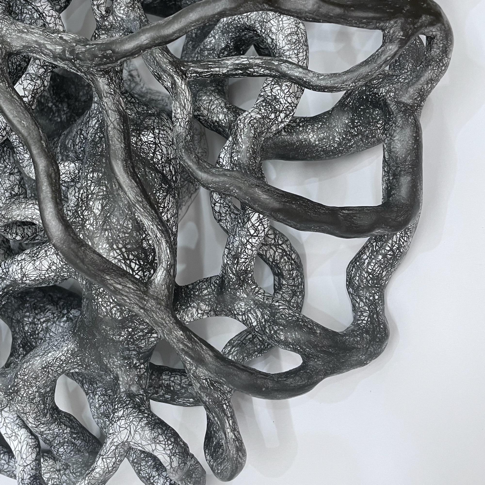 EMBRANGLE, gray monochrome circular ceramic wall sculpture relief - Sculpture by Judi Tavill