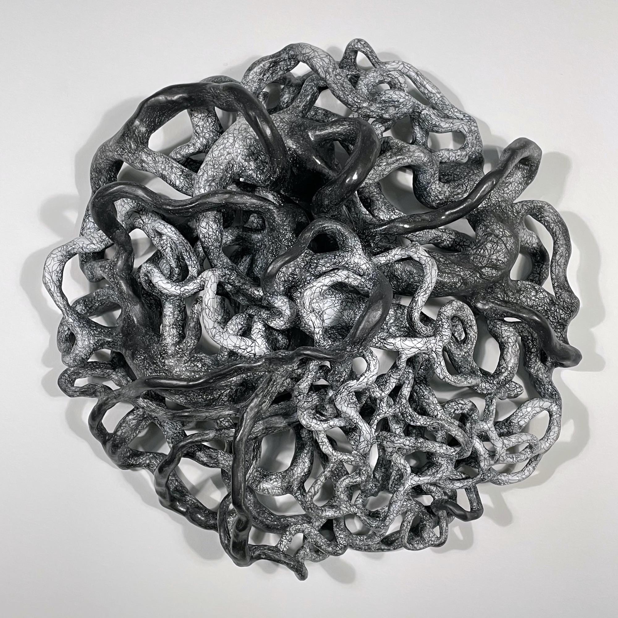 Judi Tavill Abstract Sculpture - EMBRANGLE, gray monochrome circular ceramic wall sculpture relief