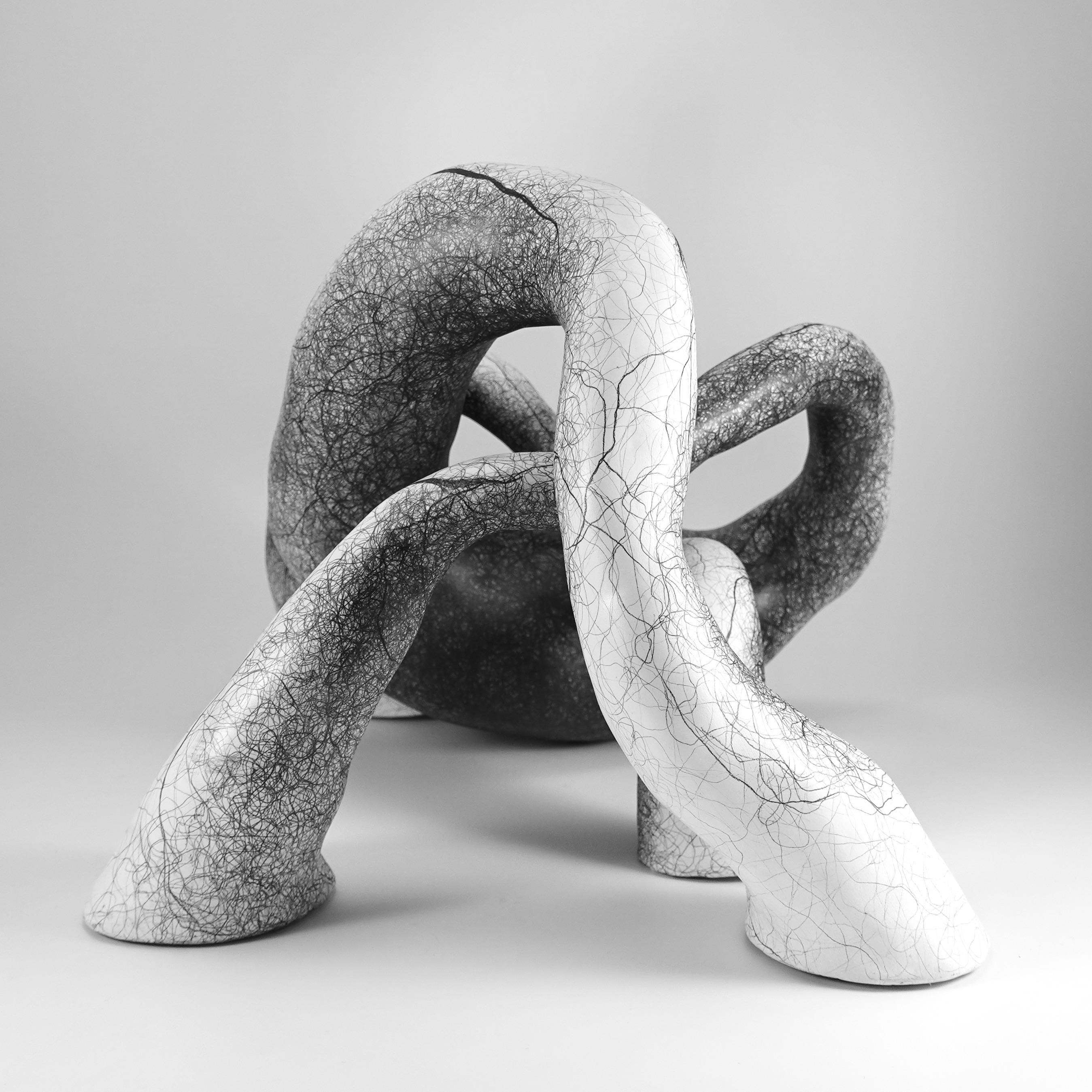 My biomorphic abstractions range from intimate to immersive in scale, referencing our interconnectedness. 
 Building curvilinear ceramic sculpture and then drawing intertwined graphite lines on the surface, creates energy that seems to emanate from