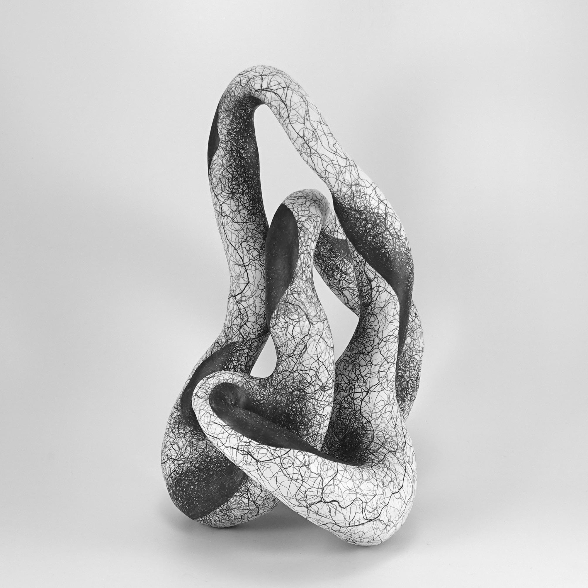 My biomorphic abstractions range from intimate to immersive in scale, referencing our interconnectedness. 
 Building curvilinear ceramic sculpture and then drawing intertwined graphite lines on the surface, creates energy that seems to emanate from