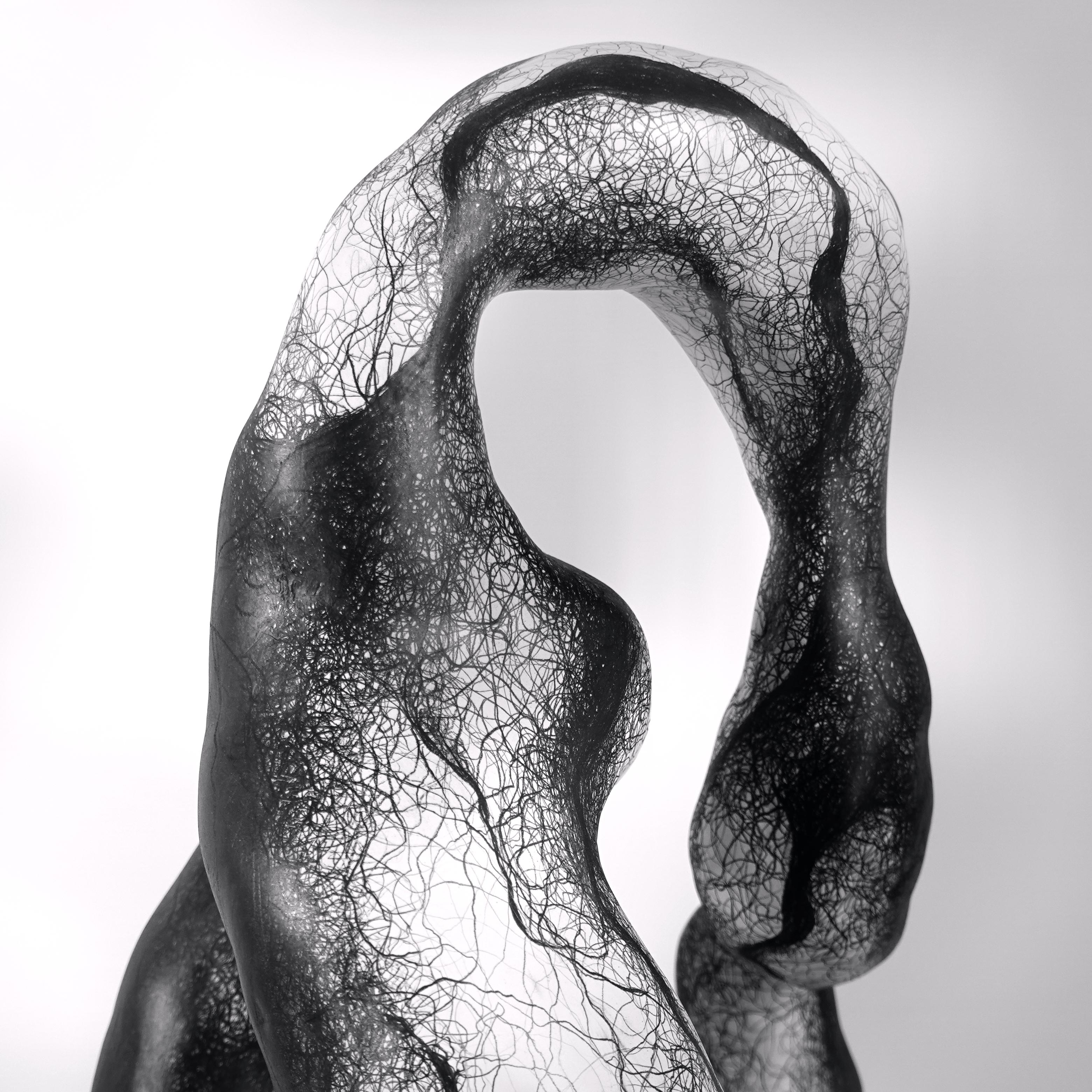 “My biomorphic abstractions range from intimate to immersive in scale, referencing our interconnectedness. 
 Building curvilinear ceramic sculpture and then drawing intertwined graphite lines on the surface, creates energy that seems to emanate from