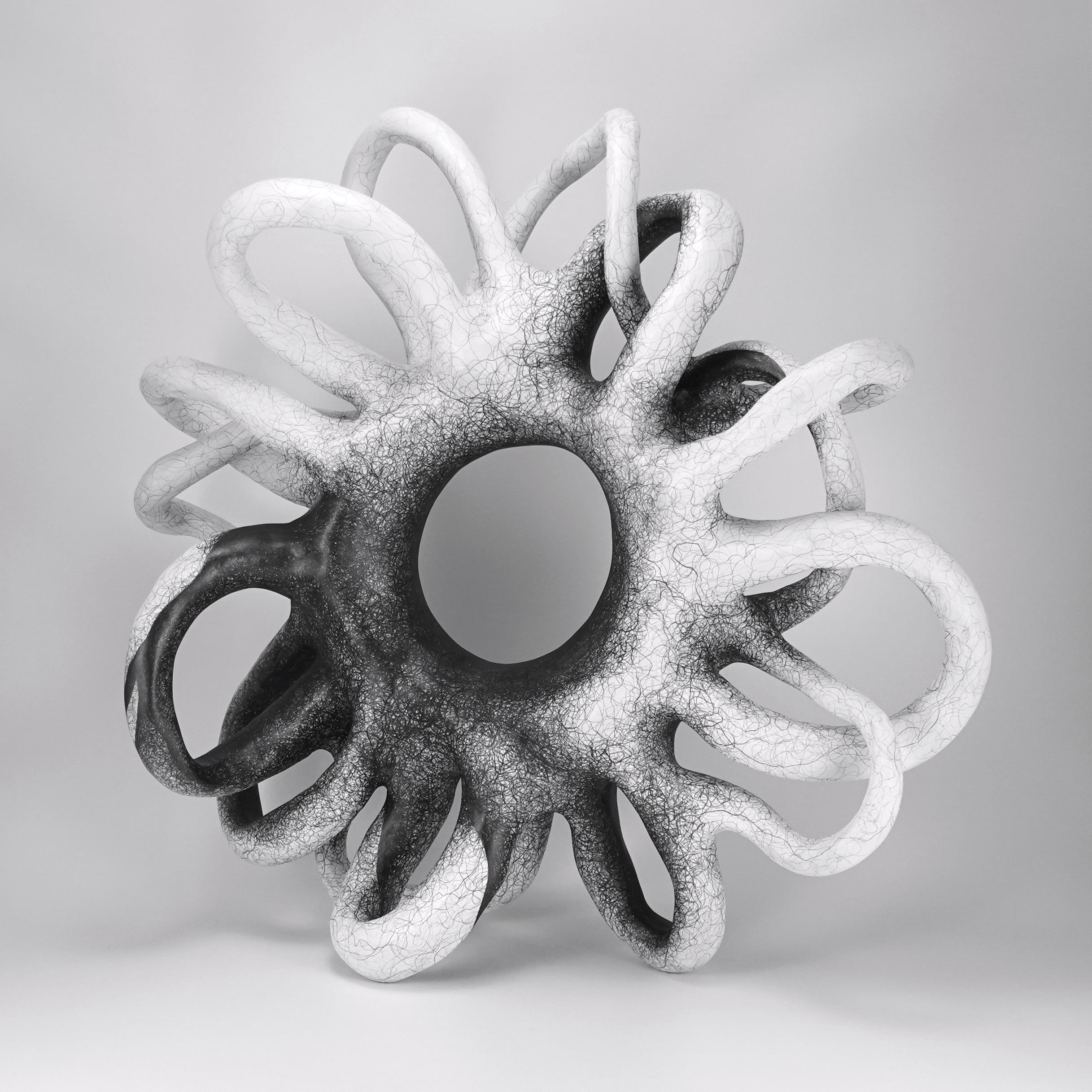 Judi Tavill Abstract Sculpture - Minimal abstract, black and white sculpture: 'TWIRL'