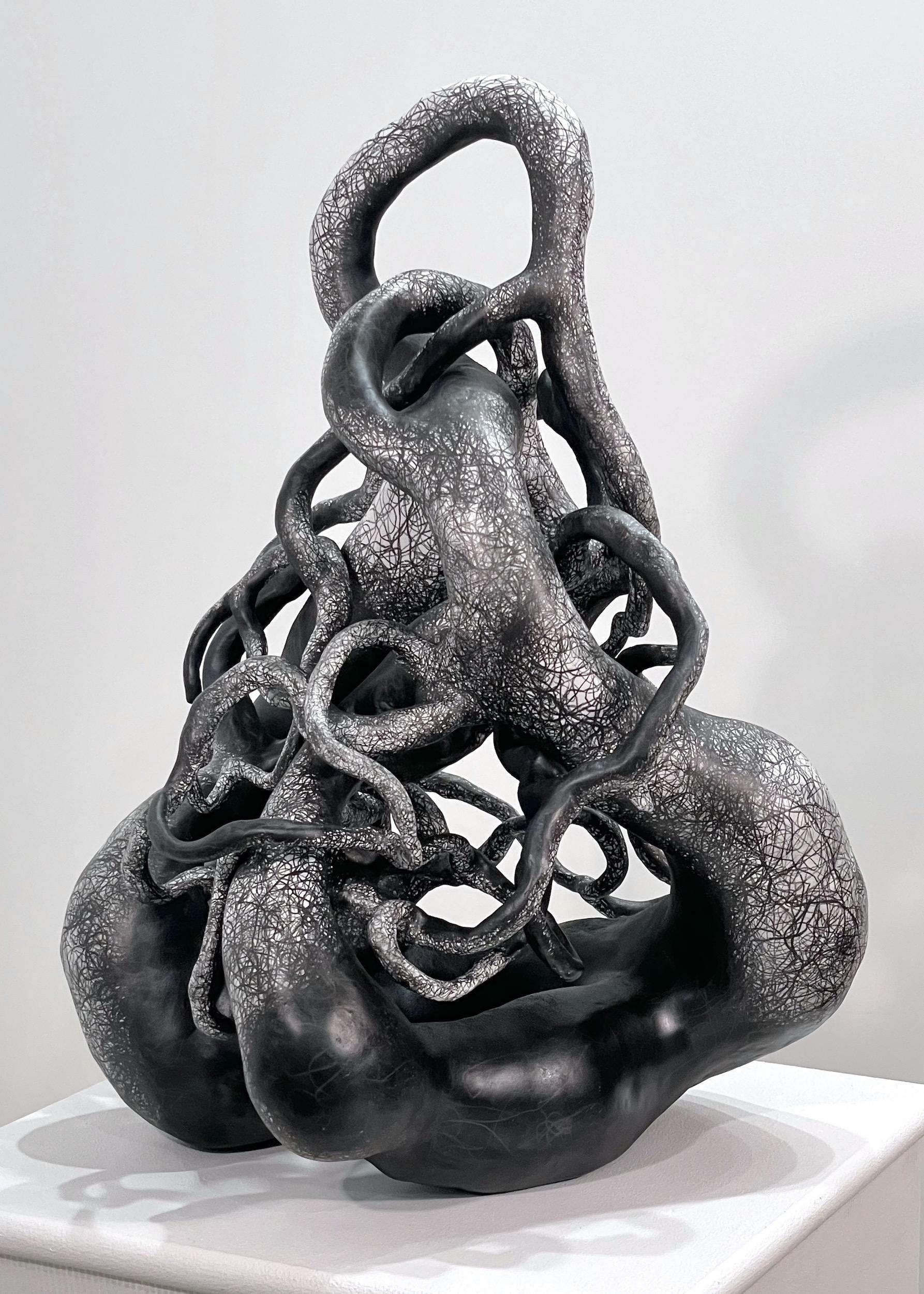 Judi Tavill Abstract Sculpture - PROBE, black organic form ceramic sculpture, mimics nature, branches