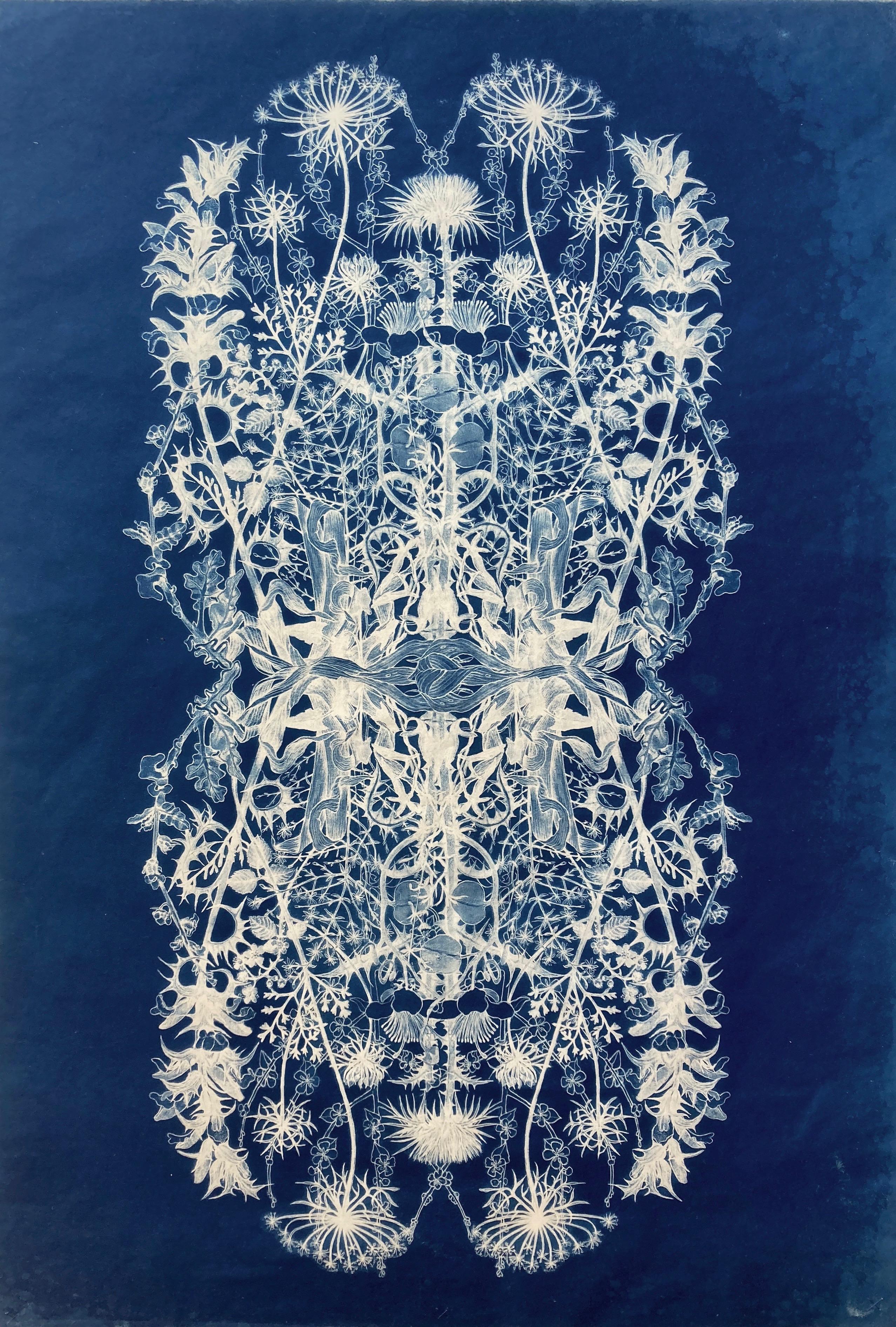 „Botanical Rhapsody II“  Realistisches/abstraktes Blumenmuster Fotografie Blau/Weiß – Print von Judith Allen-Efstathiou
