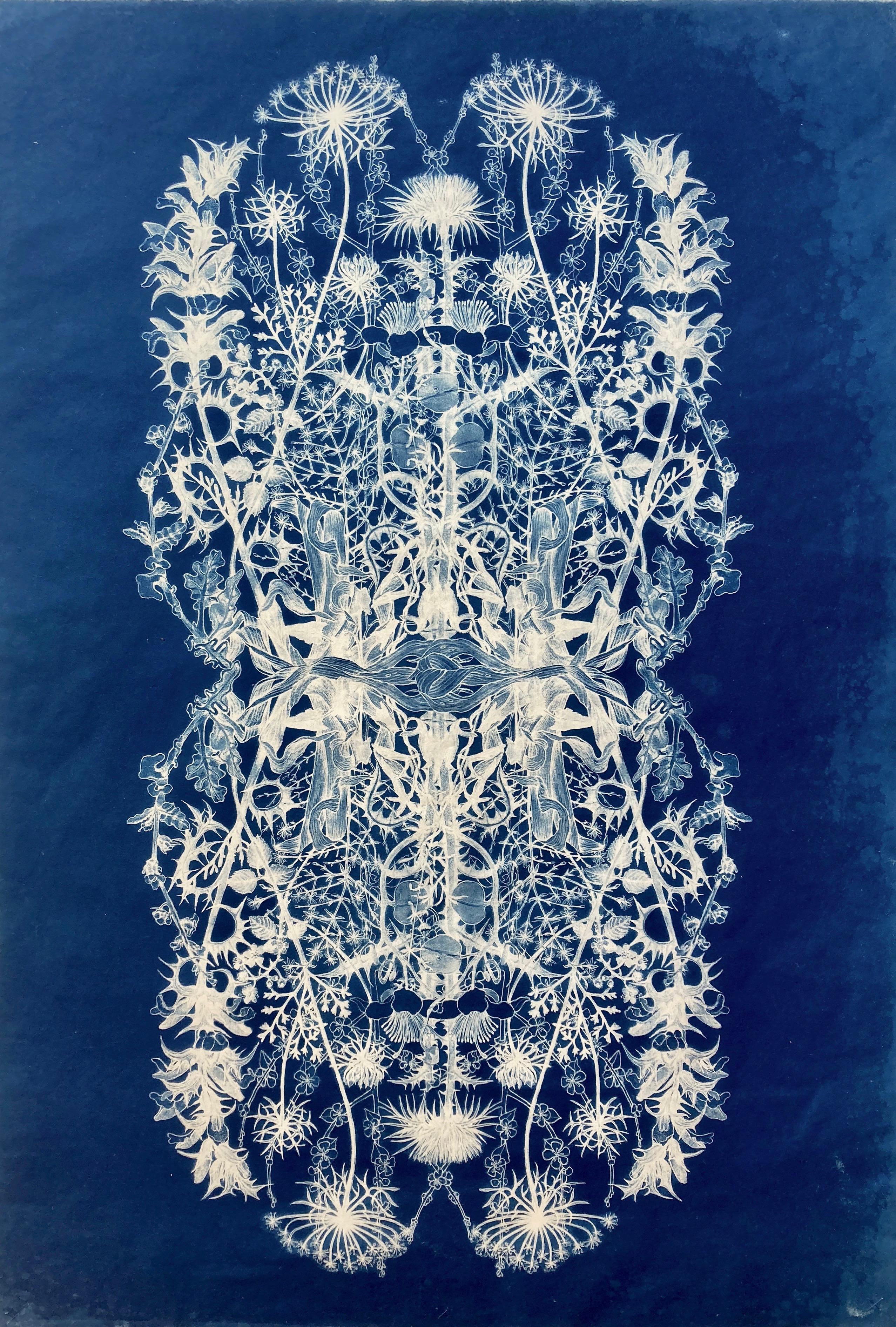 Judith Allen-Efstathiou Still-Life Print – „Botanical Rhapsody II“  Realistisches/abstraktes Blumenmuster Fotografie Blau/Weiß