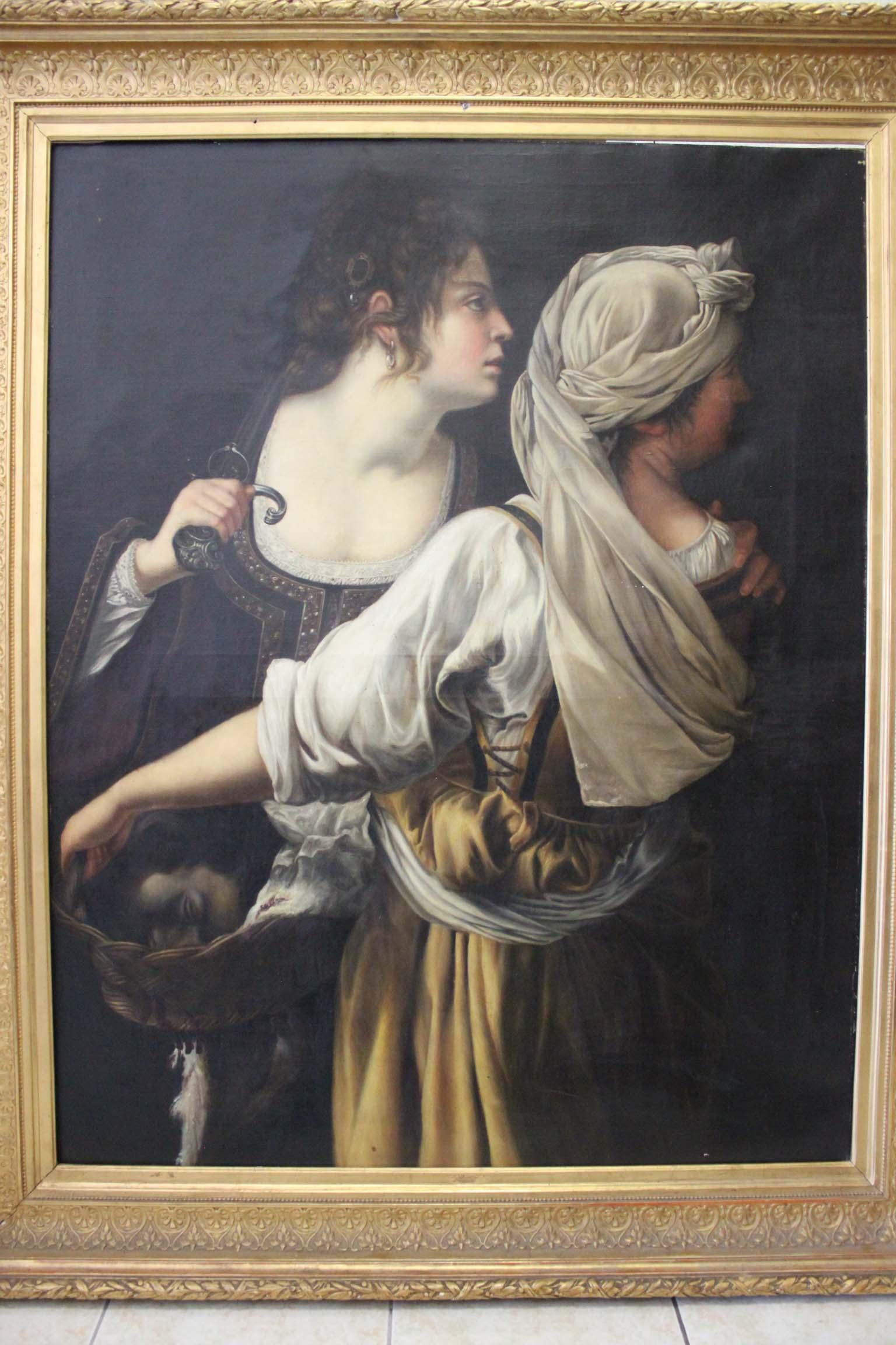 Oil on canvas representing Judith and her servant, carrying the head of Holopherne, inspired by the painting of Artemisia Gentileschi at the Palais Pitti of Florence.
Very large painting, framed.
Dimensions: H 116cm, W 96cm.
With frame: H140, W