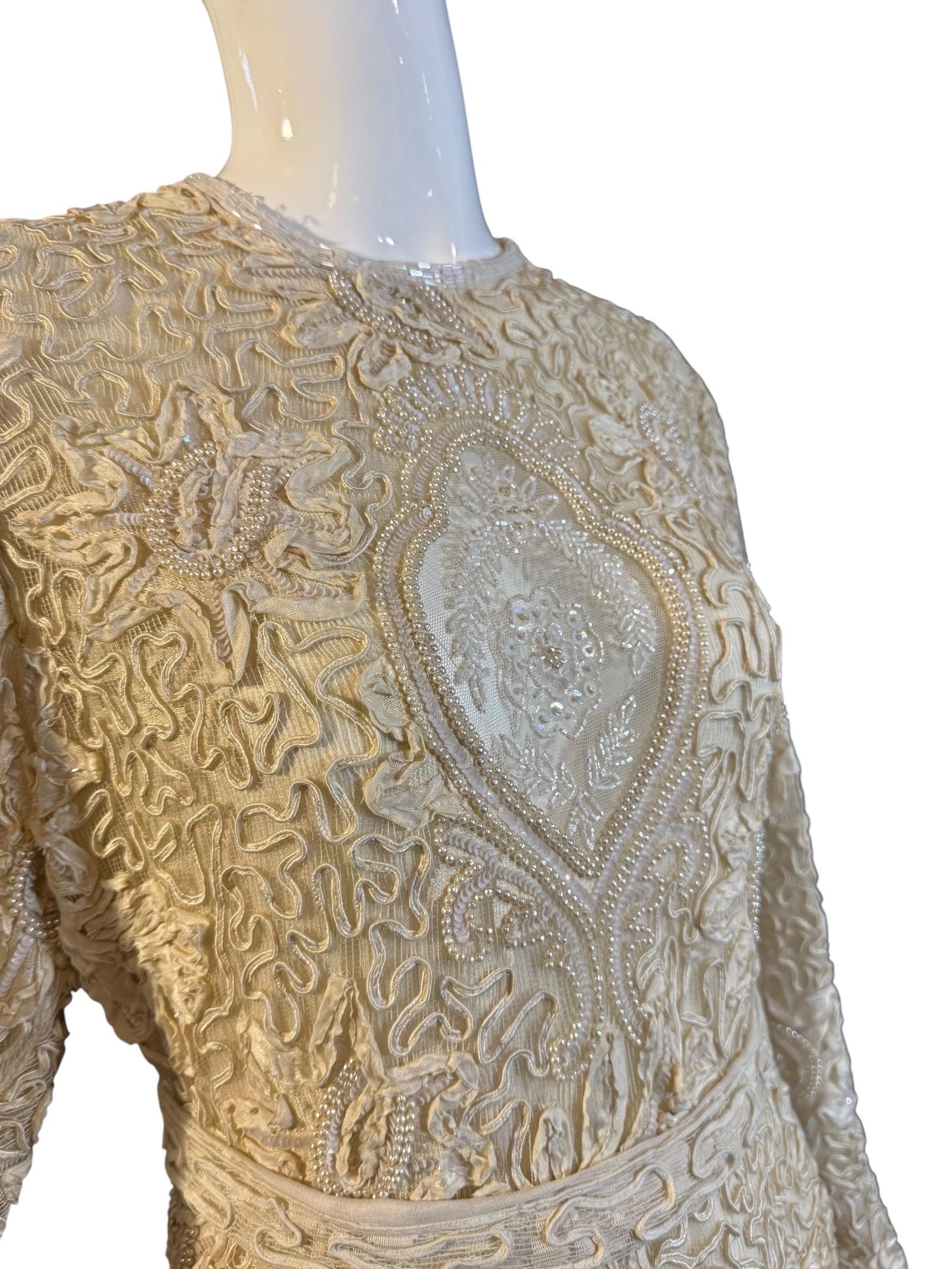 Judith Ann Creations Perlenbesetztes elfenbeinfarbenes Kleid mit Kristallquasten an den Schultern, 1980er Jahre im Angebot 9