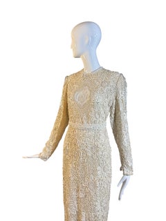 Judith Ann Creations Beaded Ivory Gown with Crystal Tassel Shoulders, 1980s
