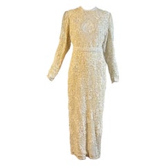Vintage Judith Ann Creations Beaded Ivory Gown with Crystal Tassel Shoulders, 1980s