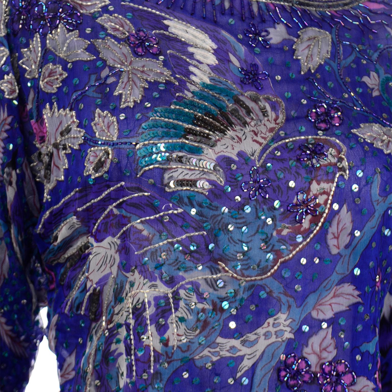 Judith Ann Creations Purple & Blue Beaded Sequin 2pc Dress with Bird Design For Sale 3