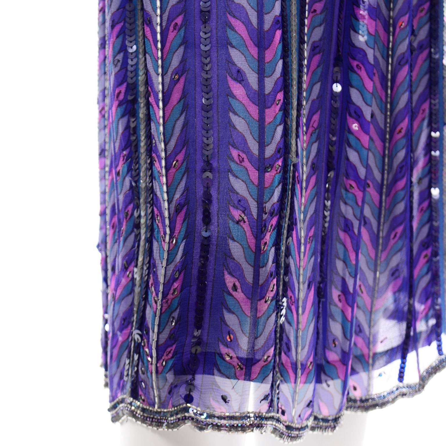 Women's Judith Ann Creations Purple & Blue Beaded Sequin 2pc Dress with Bird Design For Sale