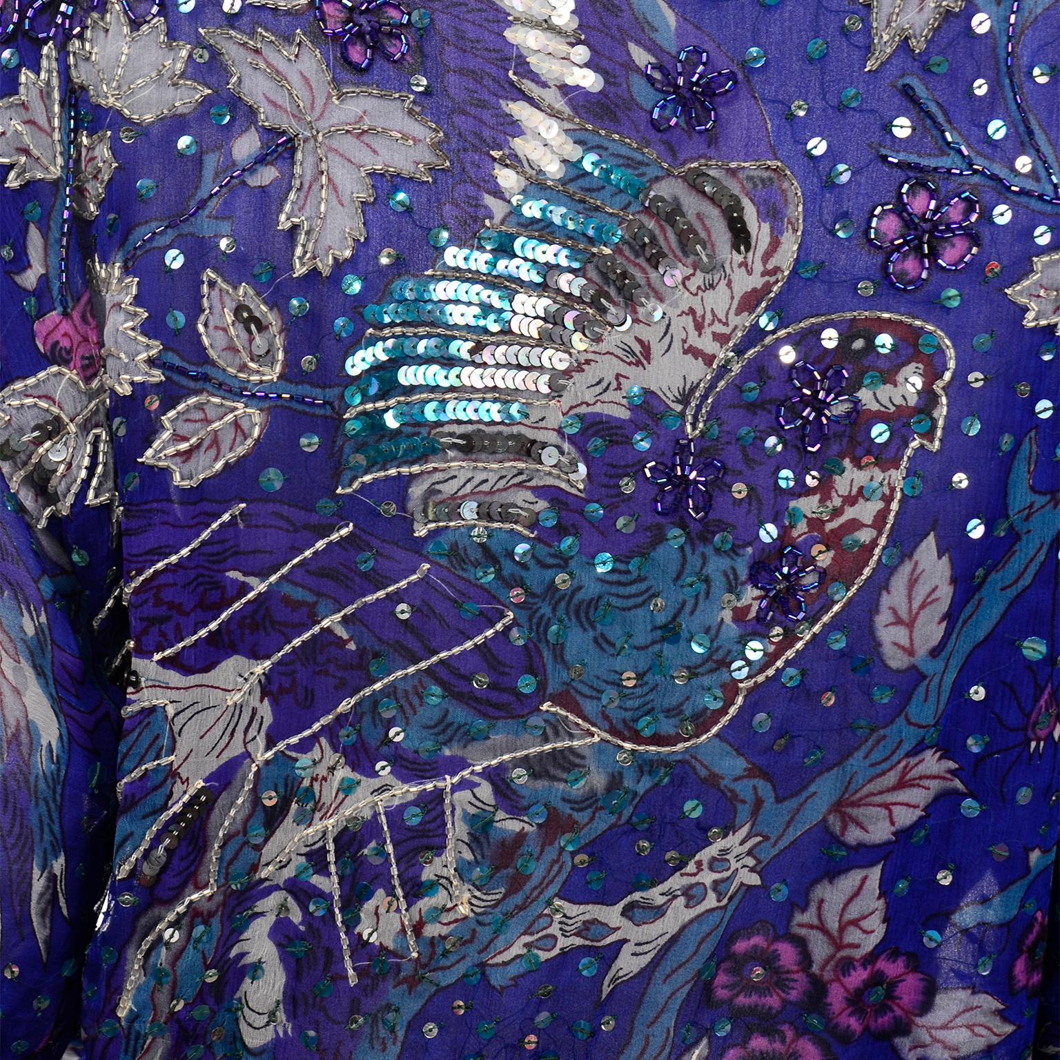 Judith Ann Creations Purple & Blue Beaded Sequin 2pc Dress with Bird Design For Sale 1