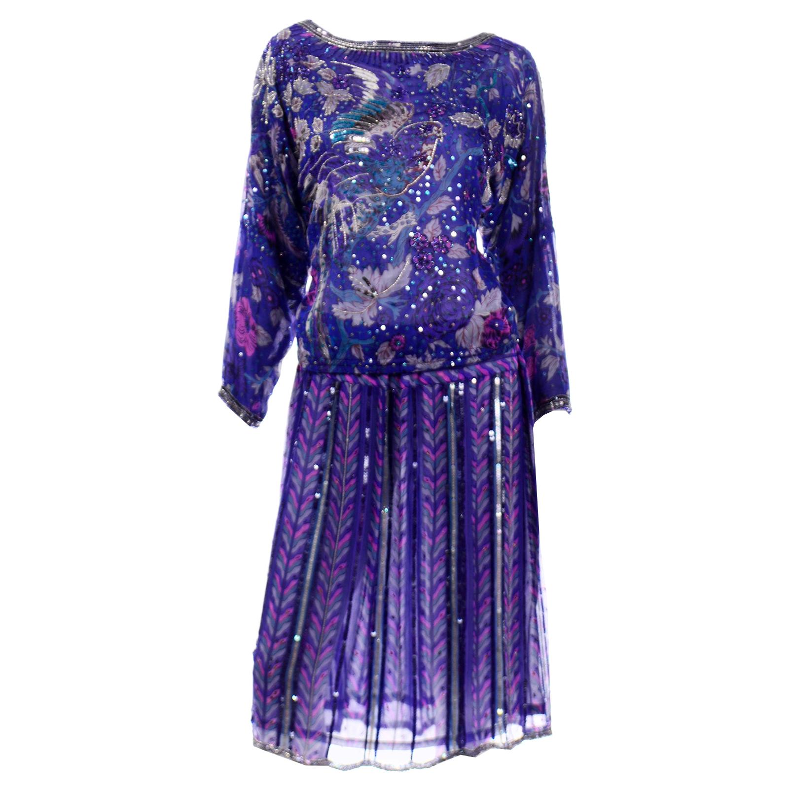 Judith Ann Creations Purple & Blue Beaded Sequin 2pc Dress with Bird Design