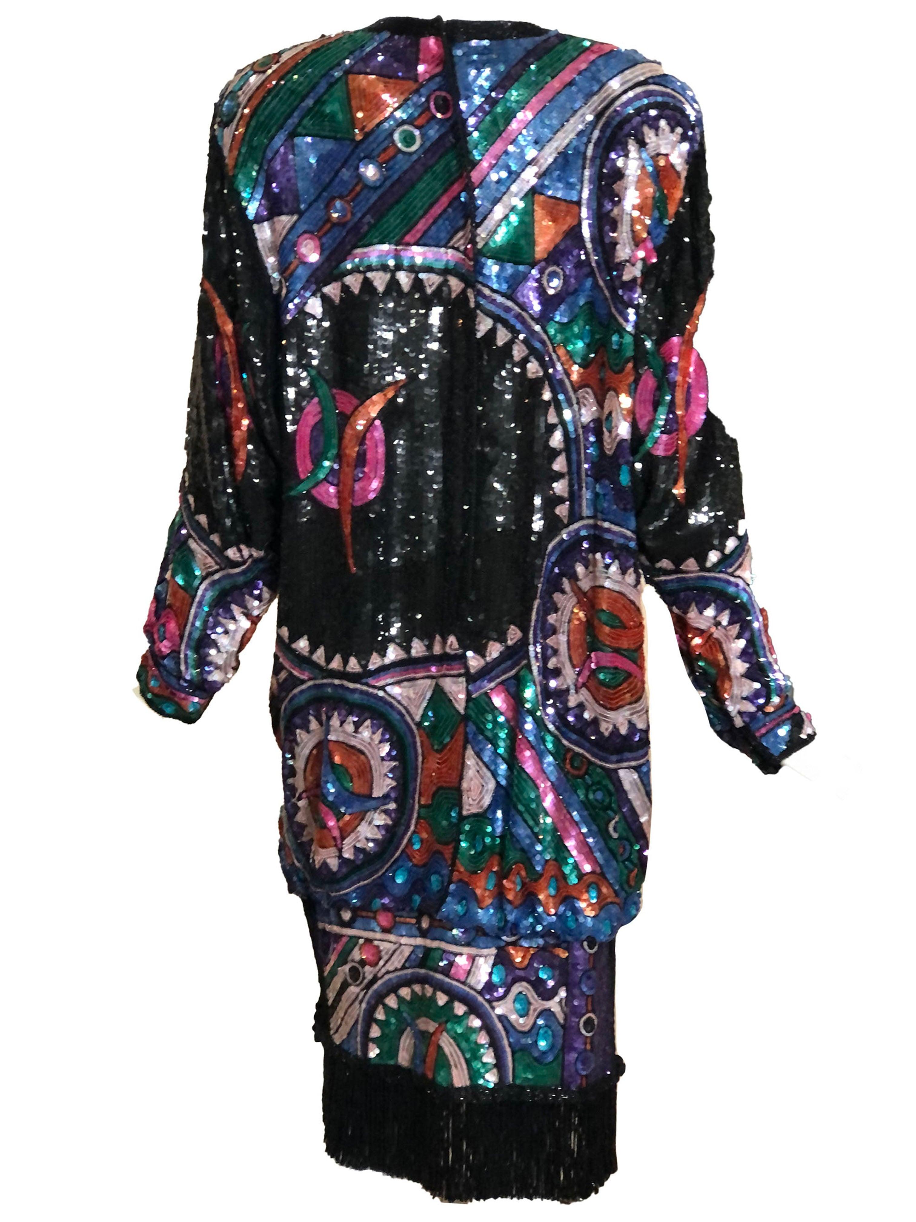 Judith Ann Vestido de fantasía arco iris con extravagantes cuentas y lentejuelas, años 80 Negro en venta