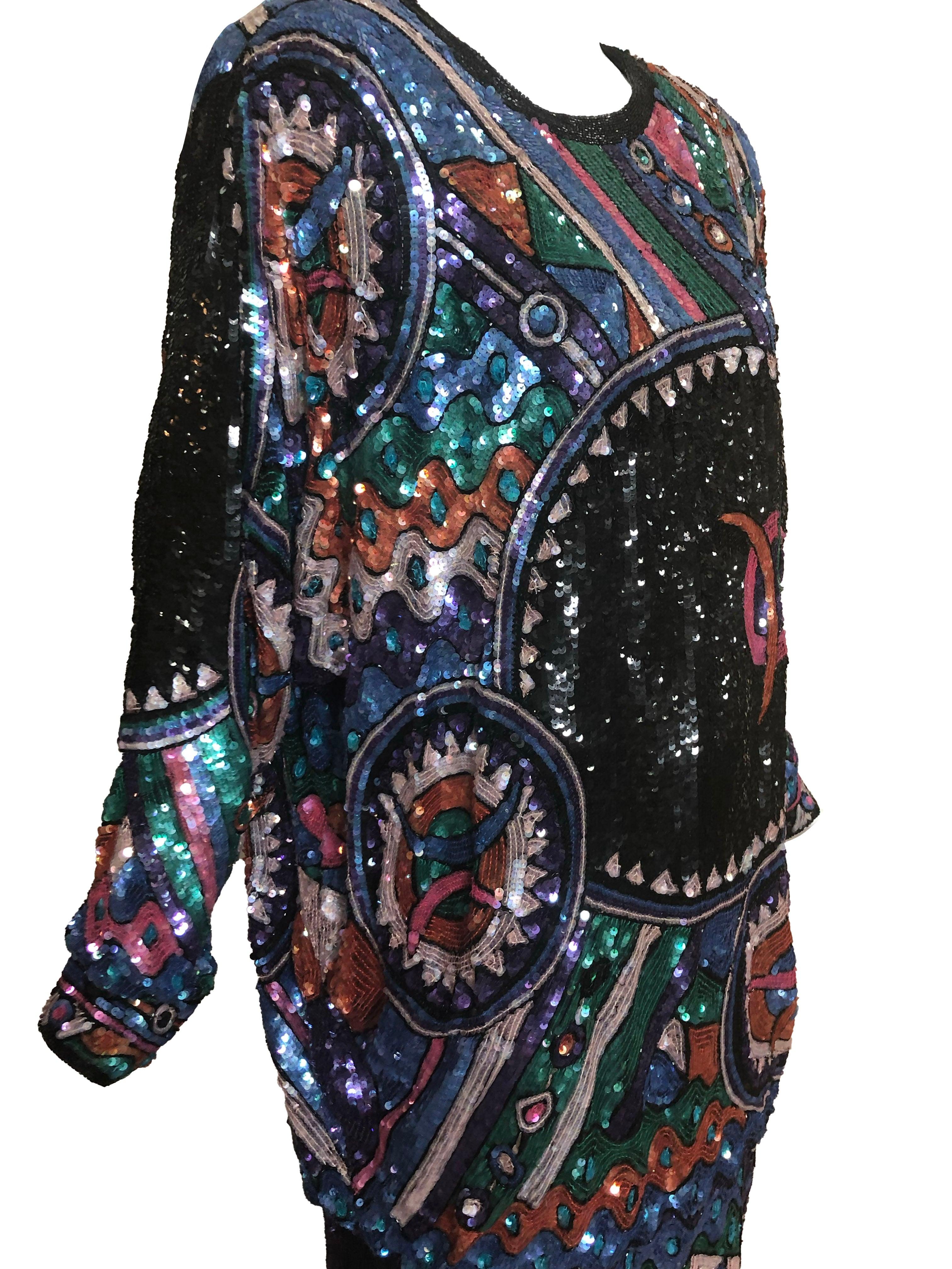 Judith Ann Vestido de fantasía arco iris con extravagantes cuentas y lentejuelas, años 80 en Excelente estado para la venta en Los Angeles, CA