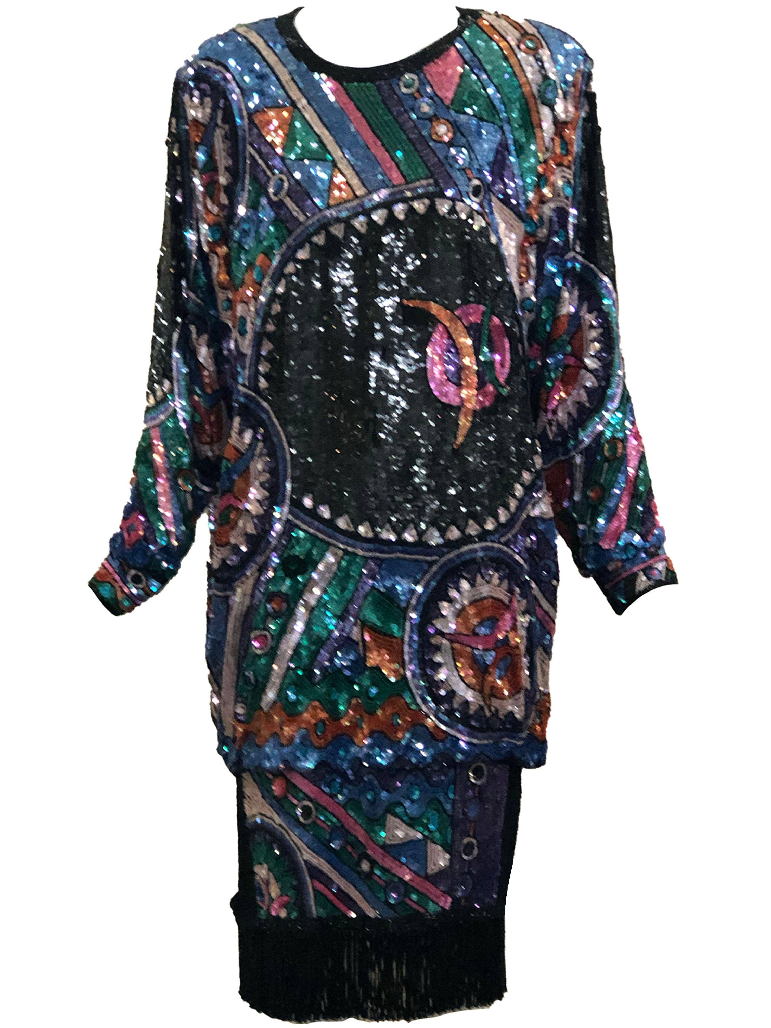 Judith Ann Vestido de fantasía arco iris con extravagantes cuentas y lentejuelas, años 80 en venta