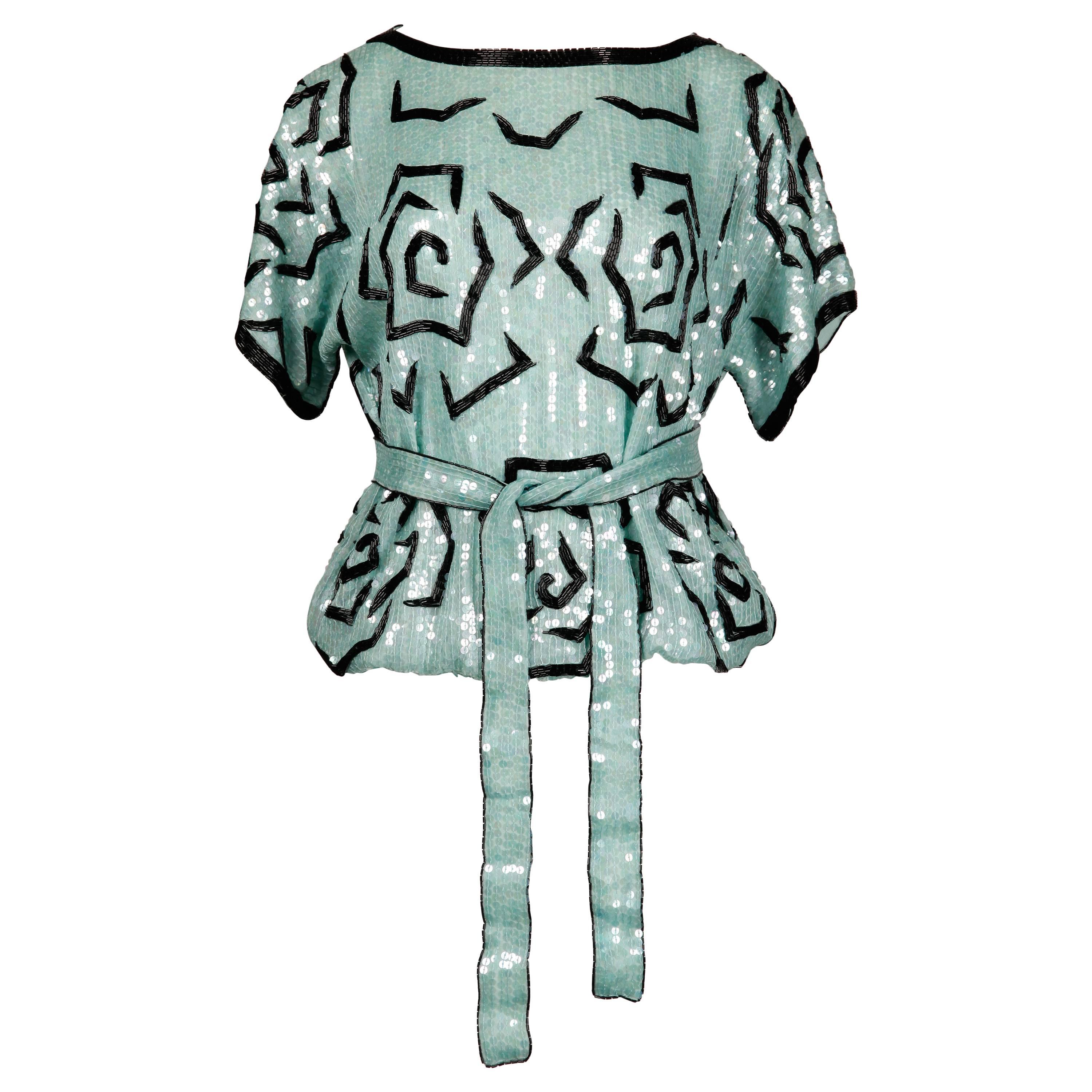 Top de seda con lentejuelas y abalorios en verde menta vintage de Judith Ann, con fajín, de los años 80