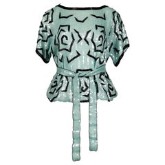 Judith Ann Vintage Mint Green Sequin and Beaded Silk Top with Sash, 1980s