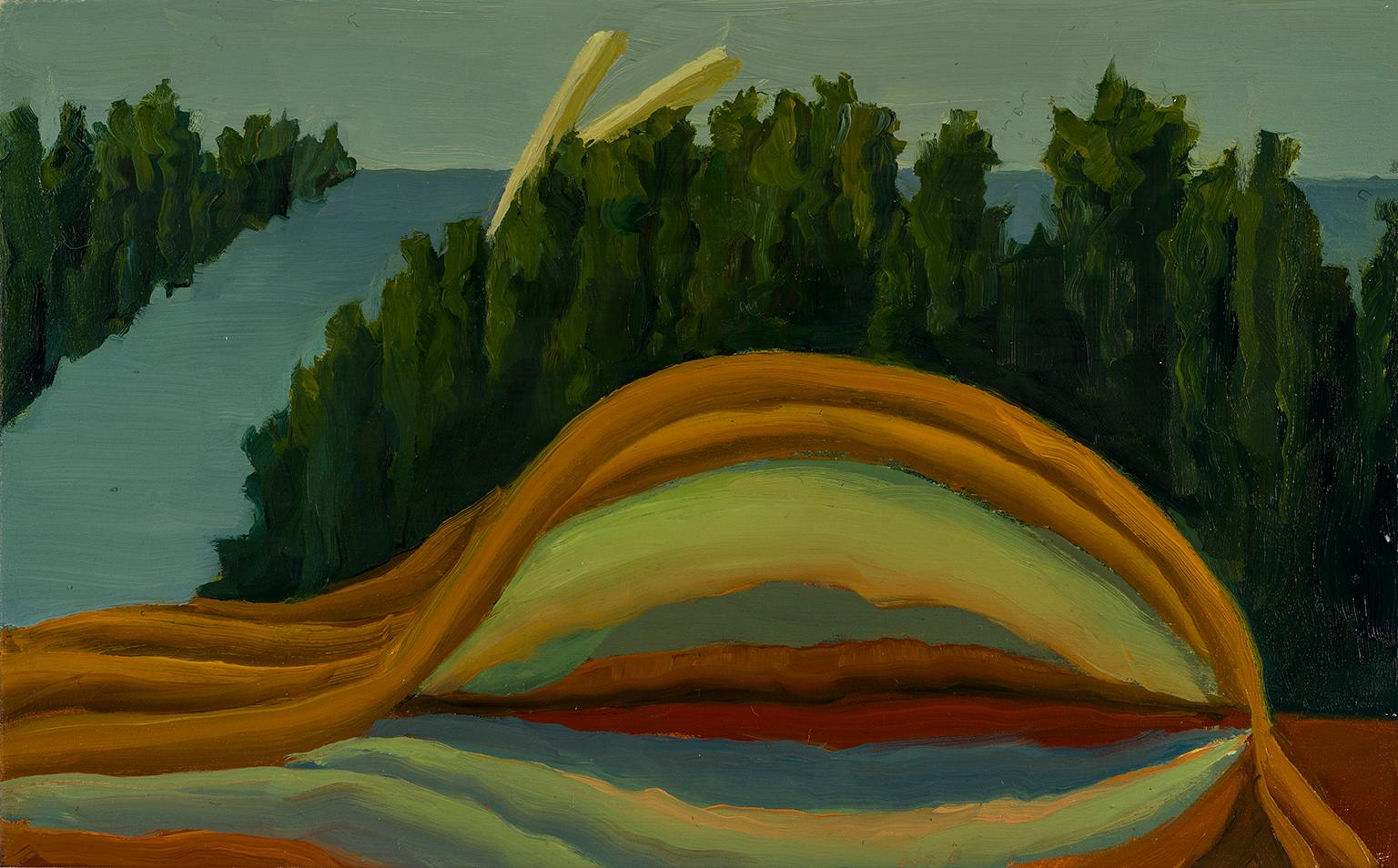 Figurative Painting di Judith Berry - Testa laterale con paesaggio
