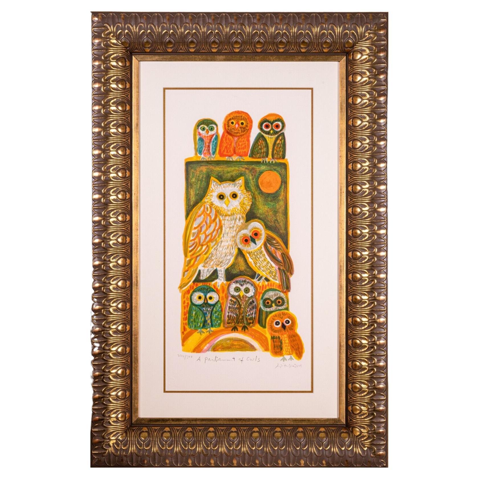 Judith Bledsoe A Parliament of Owls Signed Modern Lithograph 274/300 Framed For Sale