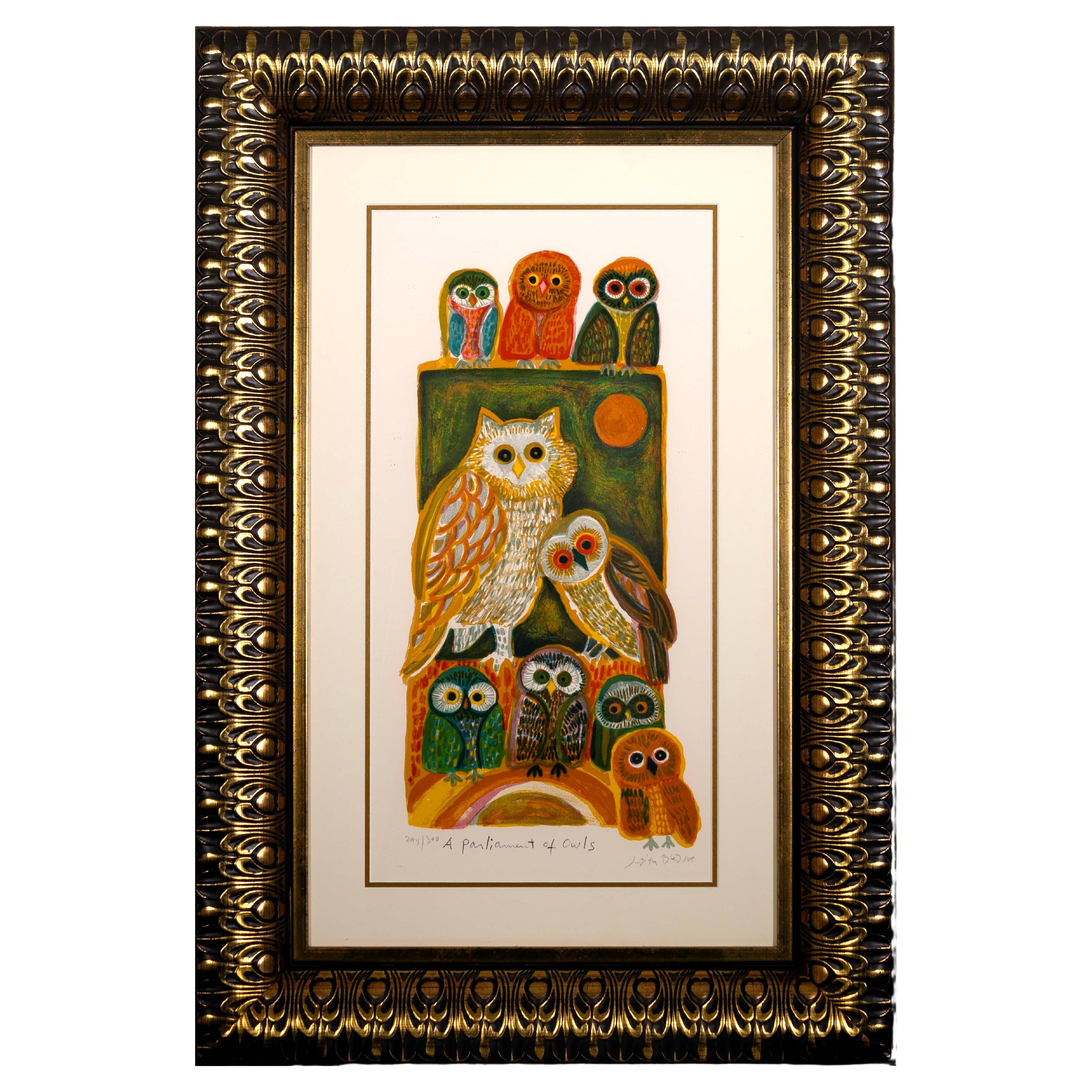 Judith Bledsoe A Parliament of Owls Signed Modern Lithograph 294/300 Framed For Sale