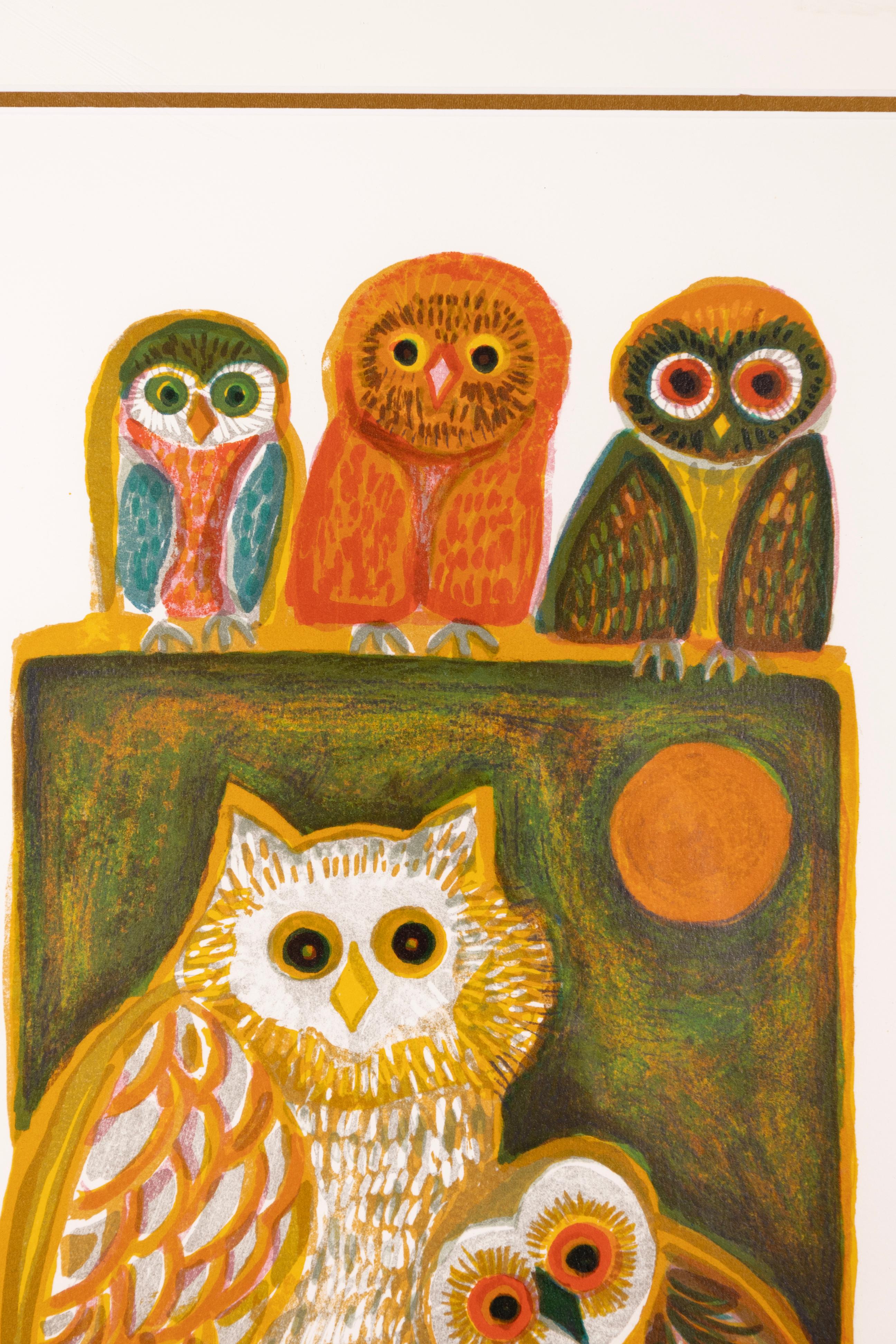 English Judith Bledsoe A Parliament Of Owls Signed Modernist Lithograph 291/300 Framed For Sale