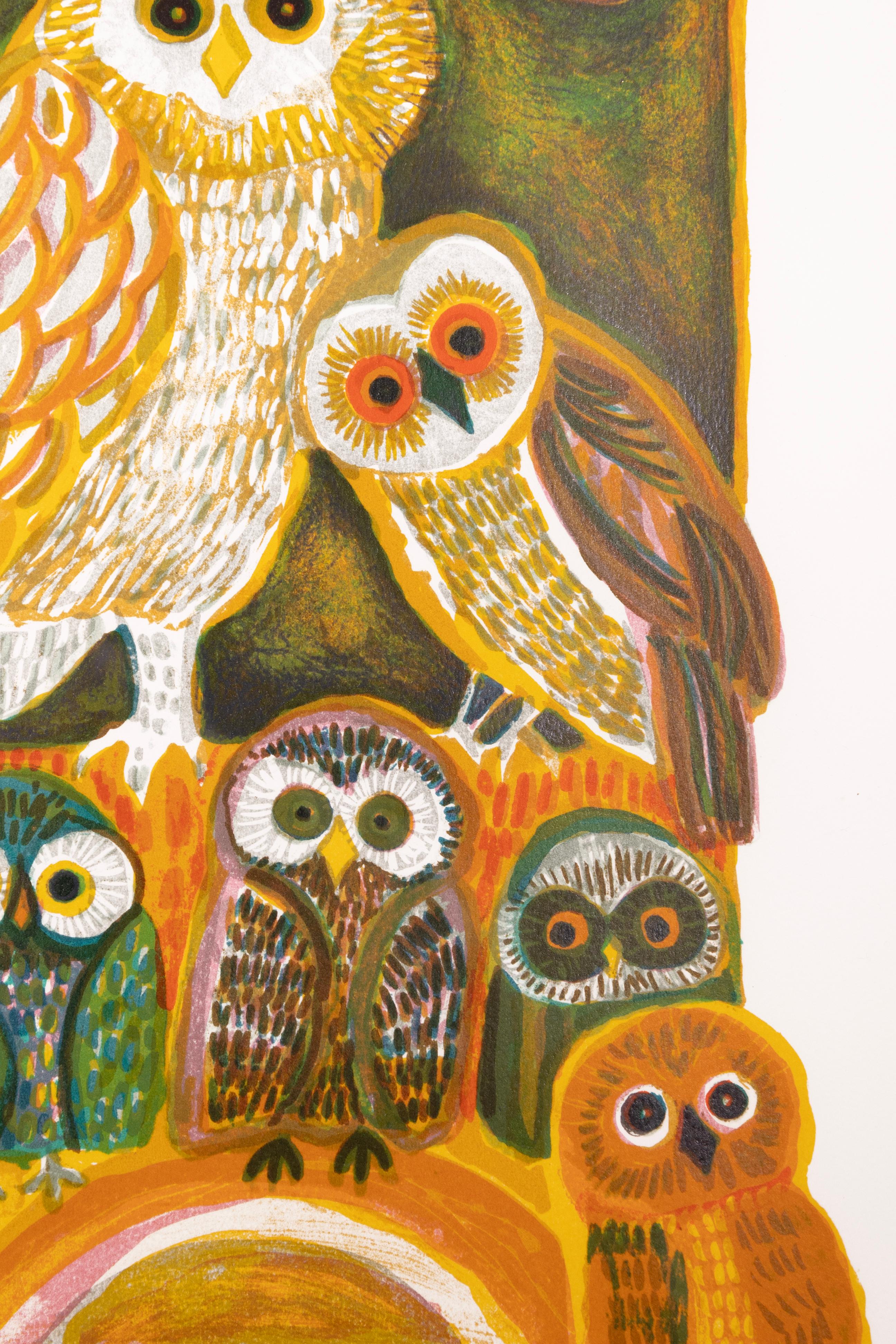 Judith Bledsoe A Parliament Of Owls Signed Modernist Lithograph 291/300 Framed In Good Condition For Sale In Keego Harbor, MI
