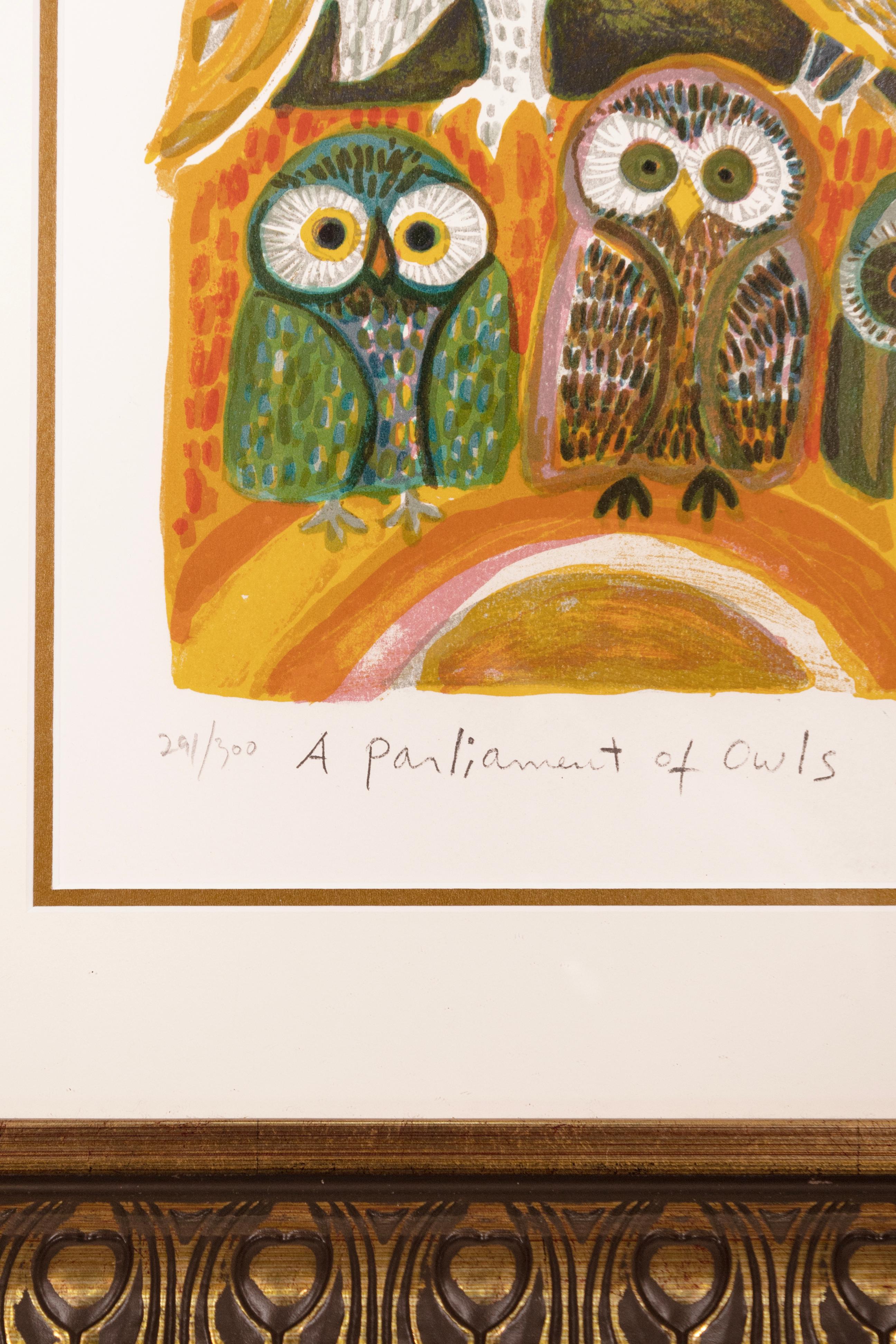 20th Century Judith Bledsoe A Parliament Of Owls Signed Modernist Lithograph 291/300 Framed For Sale