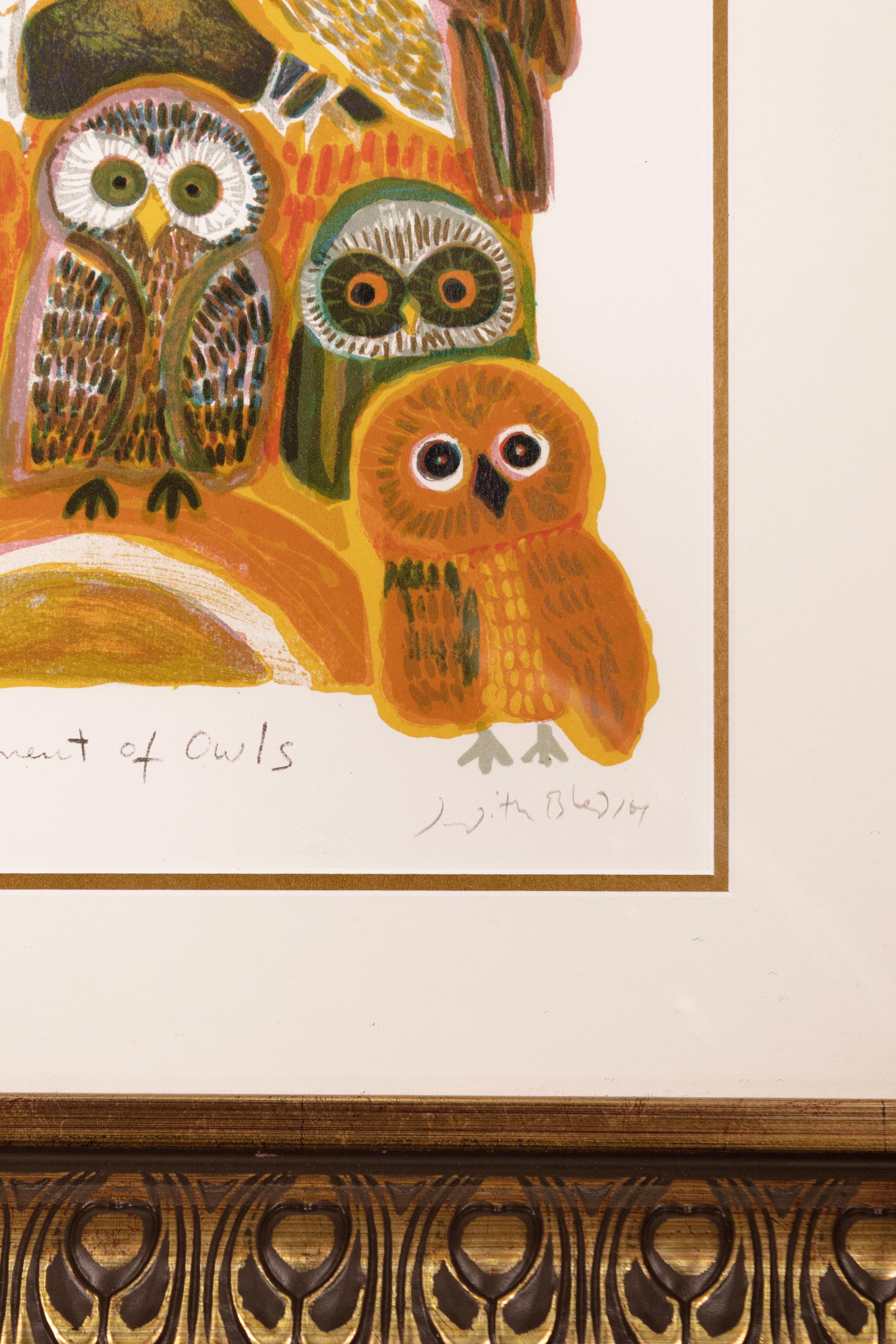 Paper Judith Bledsoe A Parliament Of Owls Signed Modernist Lithograph 291/300 Framed For Sale