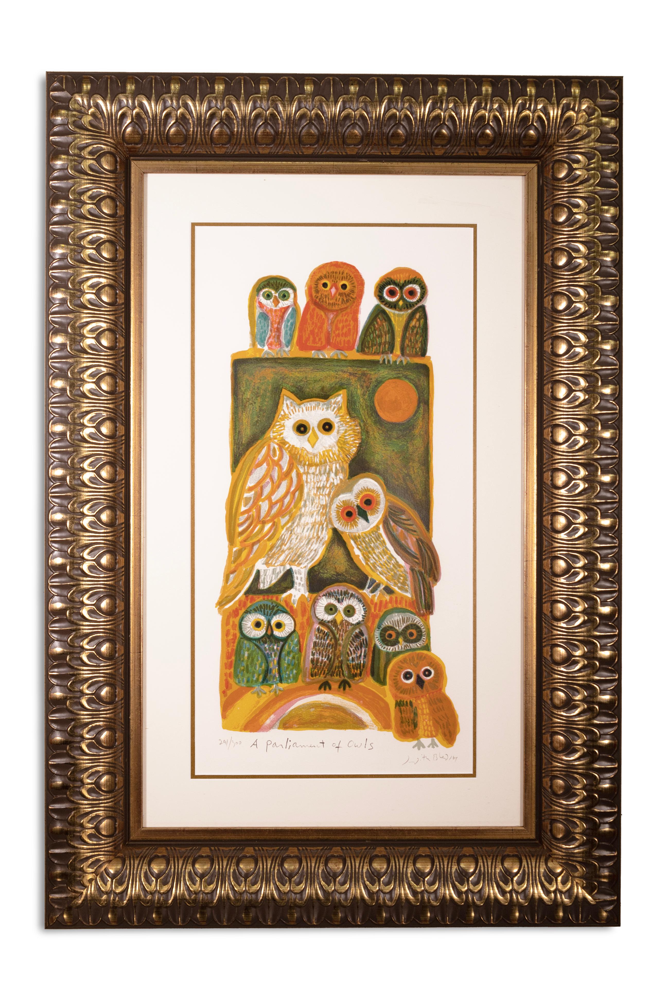 Judith Bledsoe A Parliament Of Owls Signed Modernist Lithograph 291/300 Framed For Sale 2