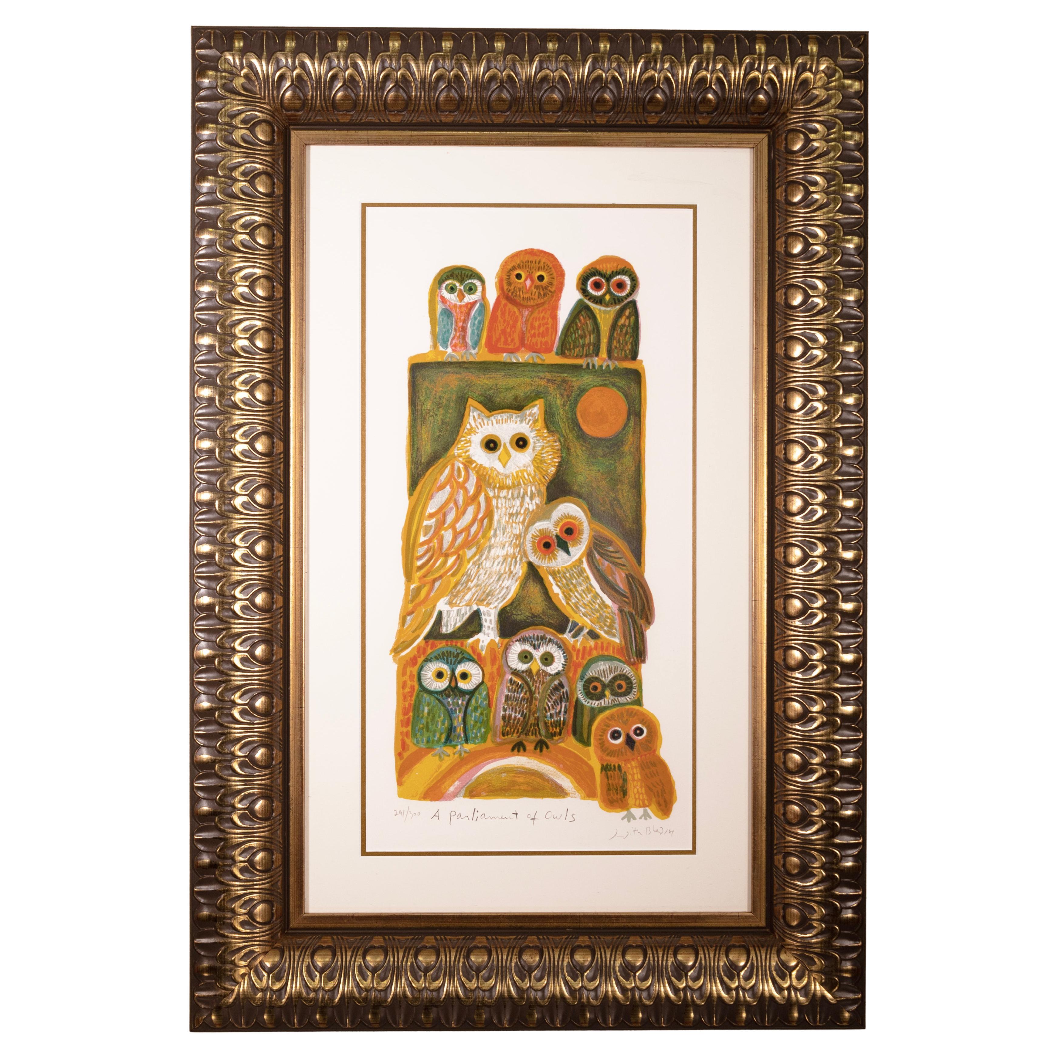 Judith Bledsoe A Parliament Of Owls Signed Modernist Lithograph 291/300 Framed For Sale