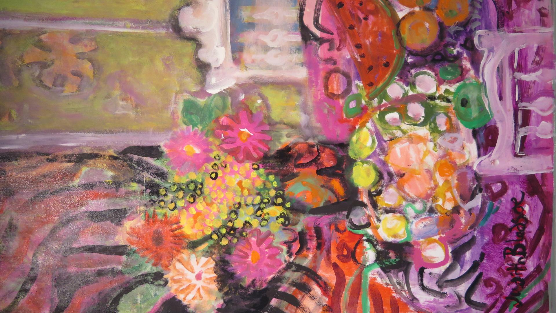 JUDITH BLEDSOE (1928-2013) American ORIGINAL Still Life Colourful OIL PAINTING - Expressionist Painting by Judith Bledsoe