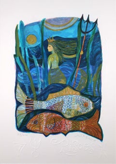Judith Bledsoe Pisces Zodiac Hand Signed Contemporary Lithograph 108/250 Framed