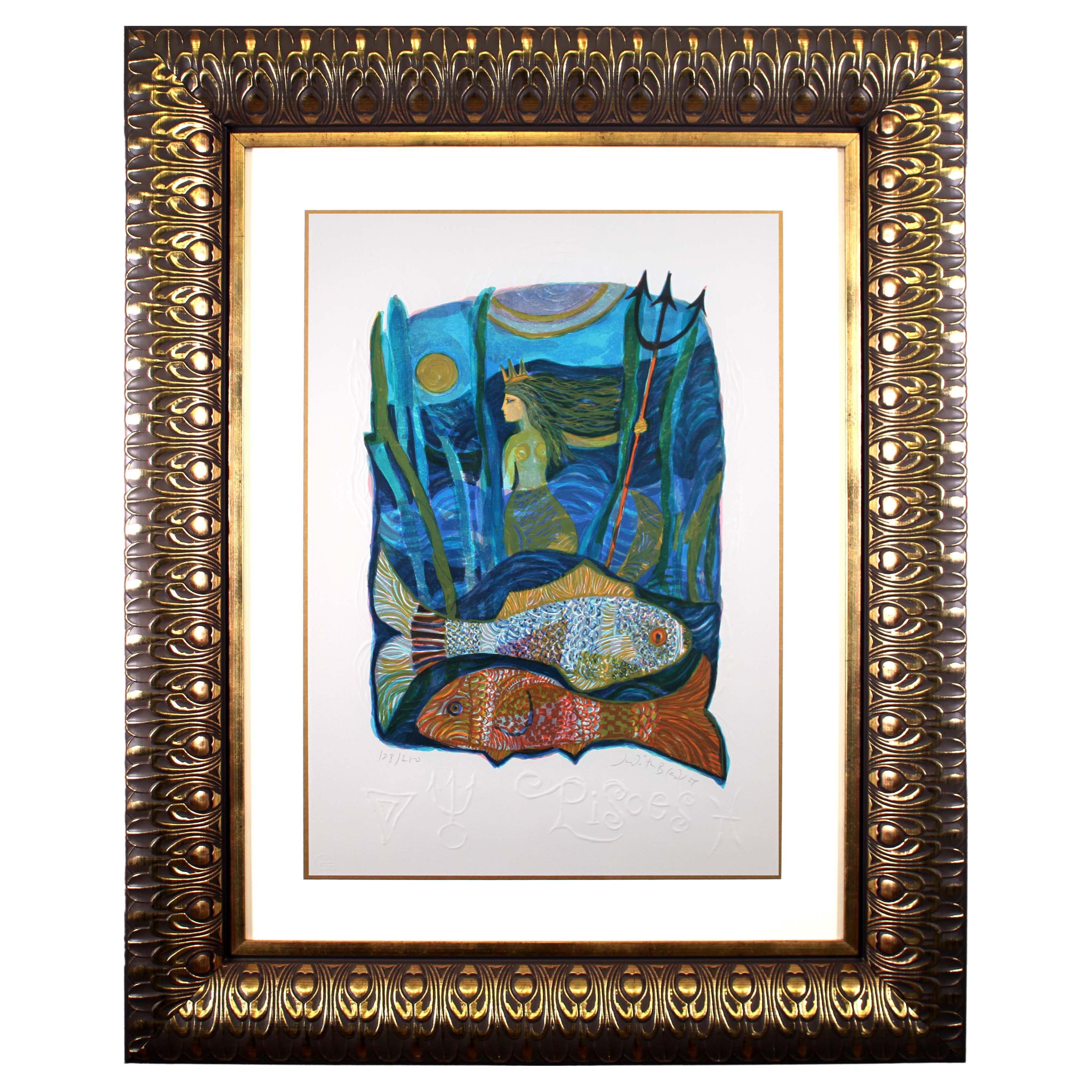 Judith Bledsoe Pisces Zodiac Hand Signed Contemporary Lithograph 108/250 Framed For Sale