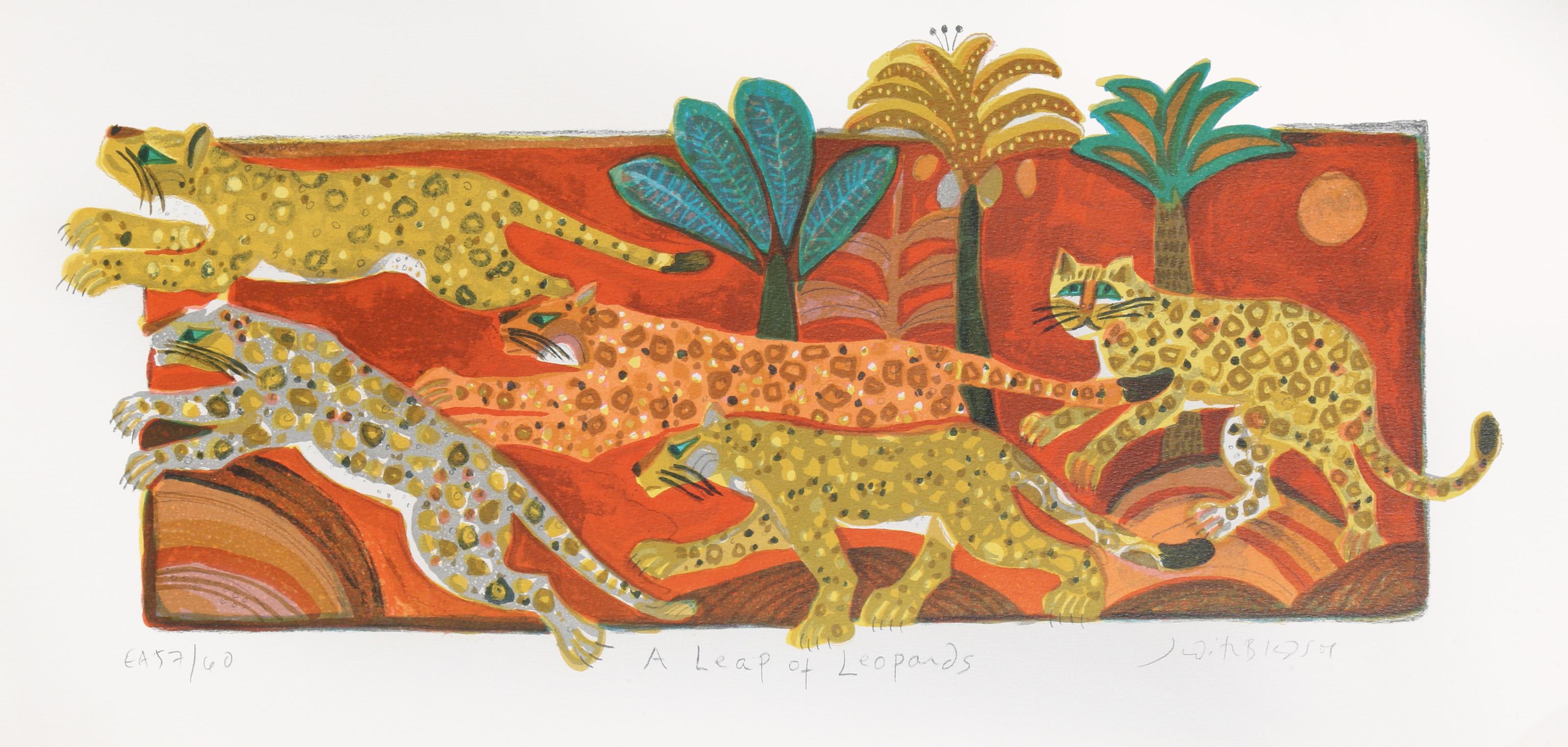 Judith Bledsoe, American (1938 - 2013) -  A Leap of Leopards. Year: circa 1974, Medium: Lithograph, signed in pencil, Edition: EA 57/60, Image Size: 8.5 x 13 inches, Size: 11.5  x 23 in. (29.21  x 58.42 cm), Description: Graceful and mighty, the