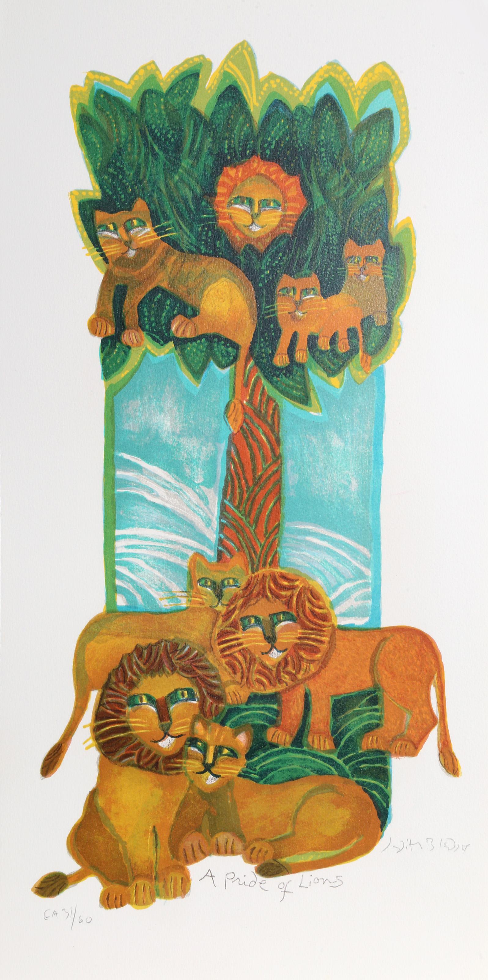 Judith Bledsoe, estadounidense (1938 - 2013) -  Una manada de leones. Año: hacia 1974, Medio: Litografía, firmada y numerada a lápiz, Edición: EA 31/60, Tamaño de la imagen: 13 x 8,5 pulgadas, Tamaño: 23  x 11,5 pulg. (58,42  x 29,21 cm),