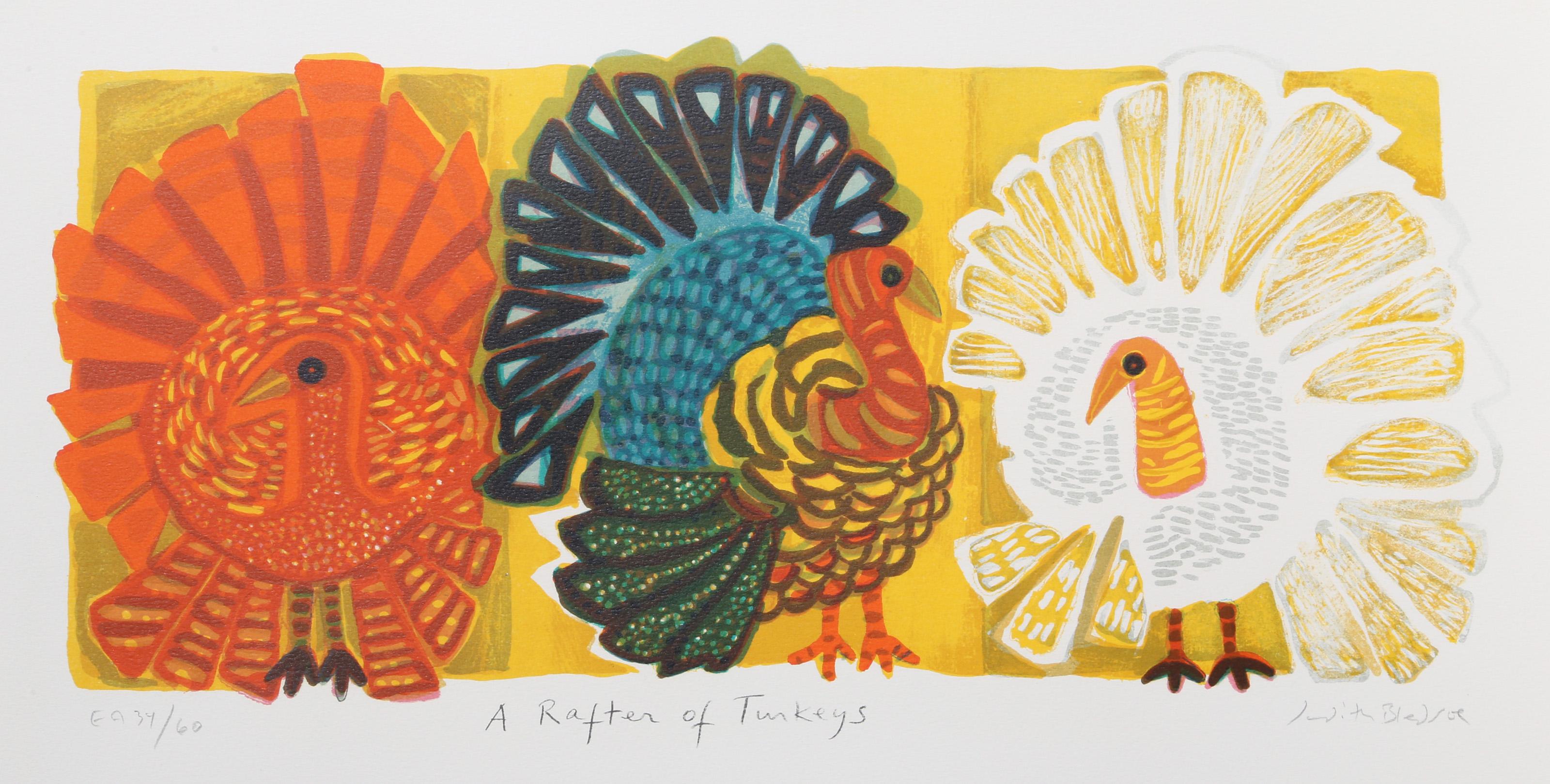 Judith Bledsoe, American (1938 - 2013) -  A Rafter of Turkeys. Year: circa 1974, Medium: Lithograph, signed and numbered in pencil, Edition: EA 34/60, Image Size: 8.5 x 13 inches, Size: 11.5  x 23 in. (29.21  x 58.42 cm), Description: Arranged