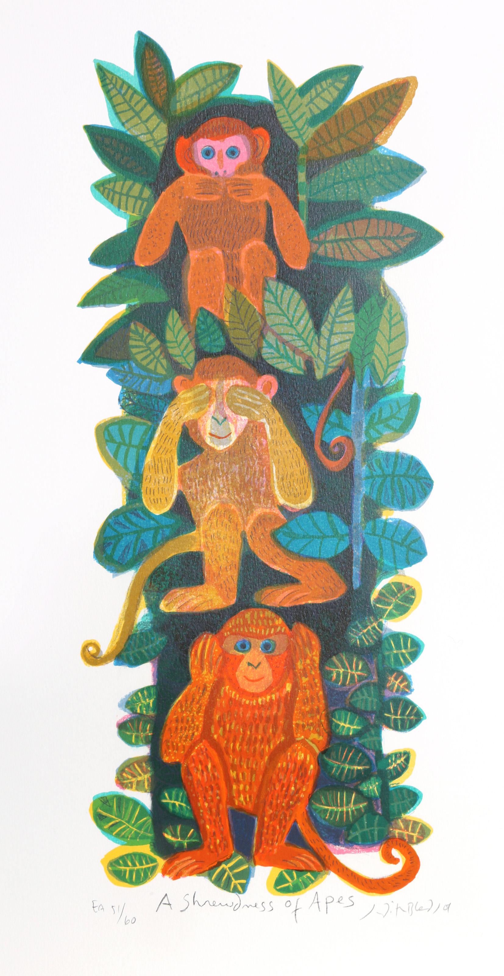 Judith Bledsoe1, Americana (1938 - 2013) -  L'astuzia delle scimmie. Anno: circa 1974, Medium: Litografia, firmata e numerata a matita, Edizione: EA 51/60, Dimensioni immagine: 13 x 8,5 pollici, Dimensioni: 23  x 11,5 pollici (58,42  x 29,21 cm),