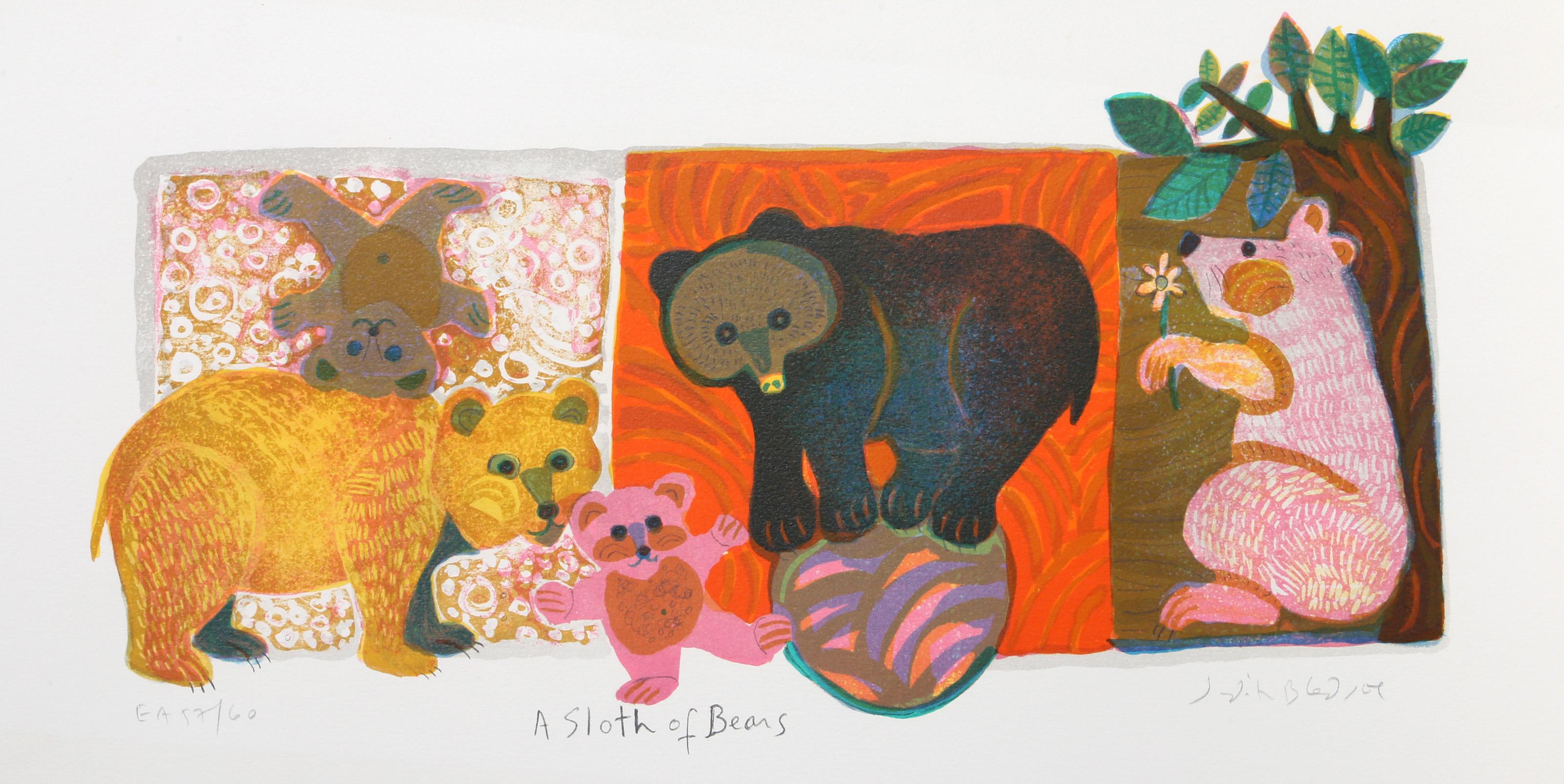 Judith Bledsoe, Amerikanerin (1938 - 2013) -  Ein Faultier von Bären. Jahr: circa 1974, Medium: Lithographie, mit Bleistift signiert, Auflage: EA, Bildgröße: 8,5 x 13 Zoll, Größe: 11,5  x 23 in. (29.21  x 58,42 cm), Beschreibung: Judith Bledsoes
