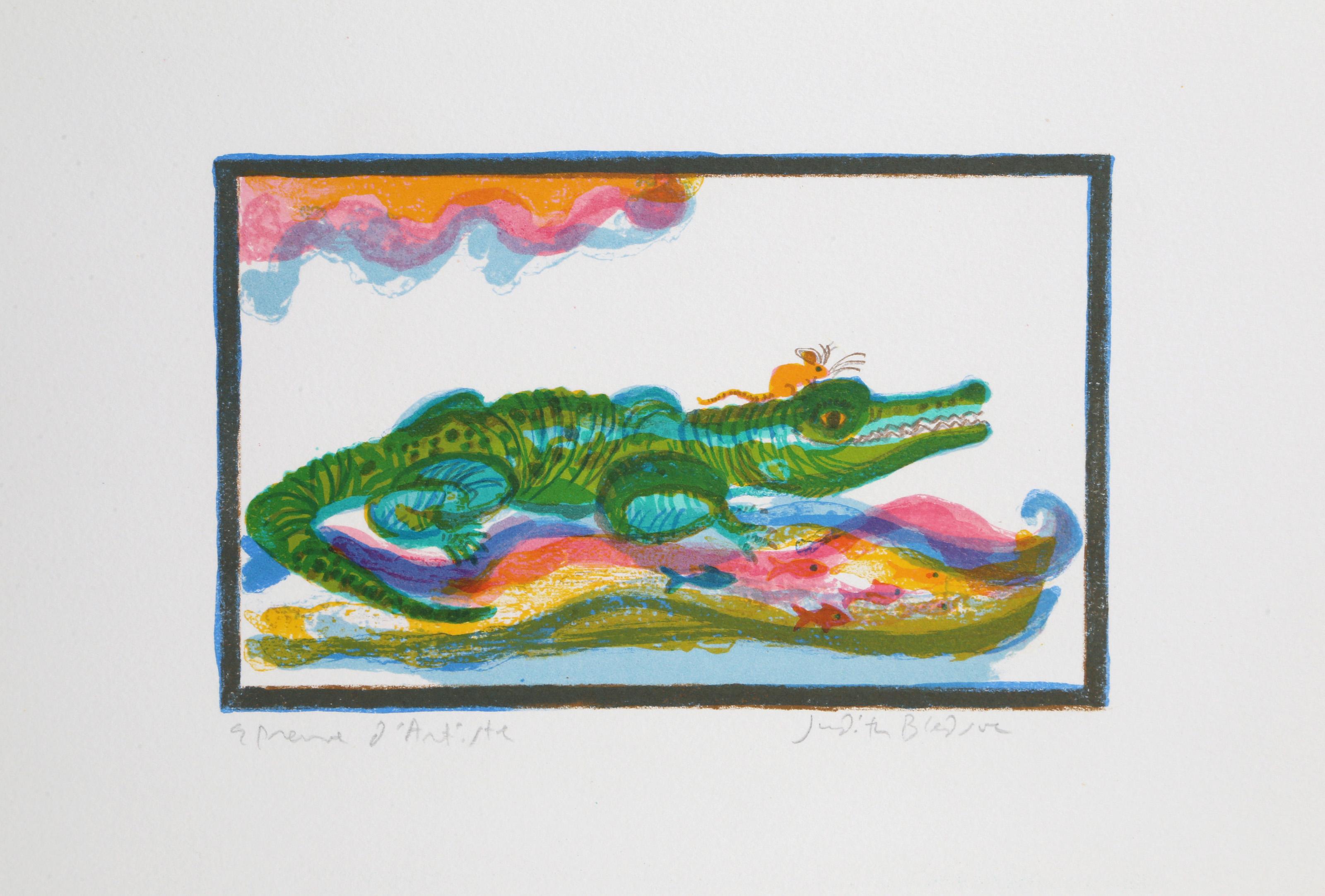 Judith Bledsoe, American (1938 - 2013) -  Alligator. Year: circa 1974, Medium: Lithograph, signed in pencil, Edition: EA, Image Size: 5.5 x 8 inches, Size: 10.5  x 15 in. (26.67  x 38.1 cm), Description: Resting in a river, the crocodile in this