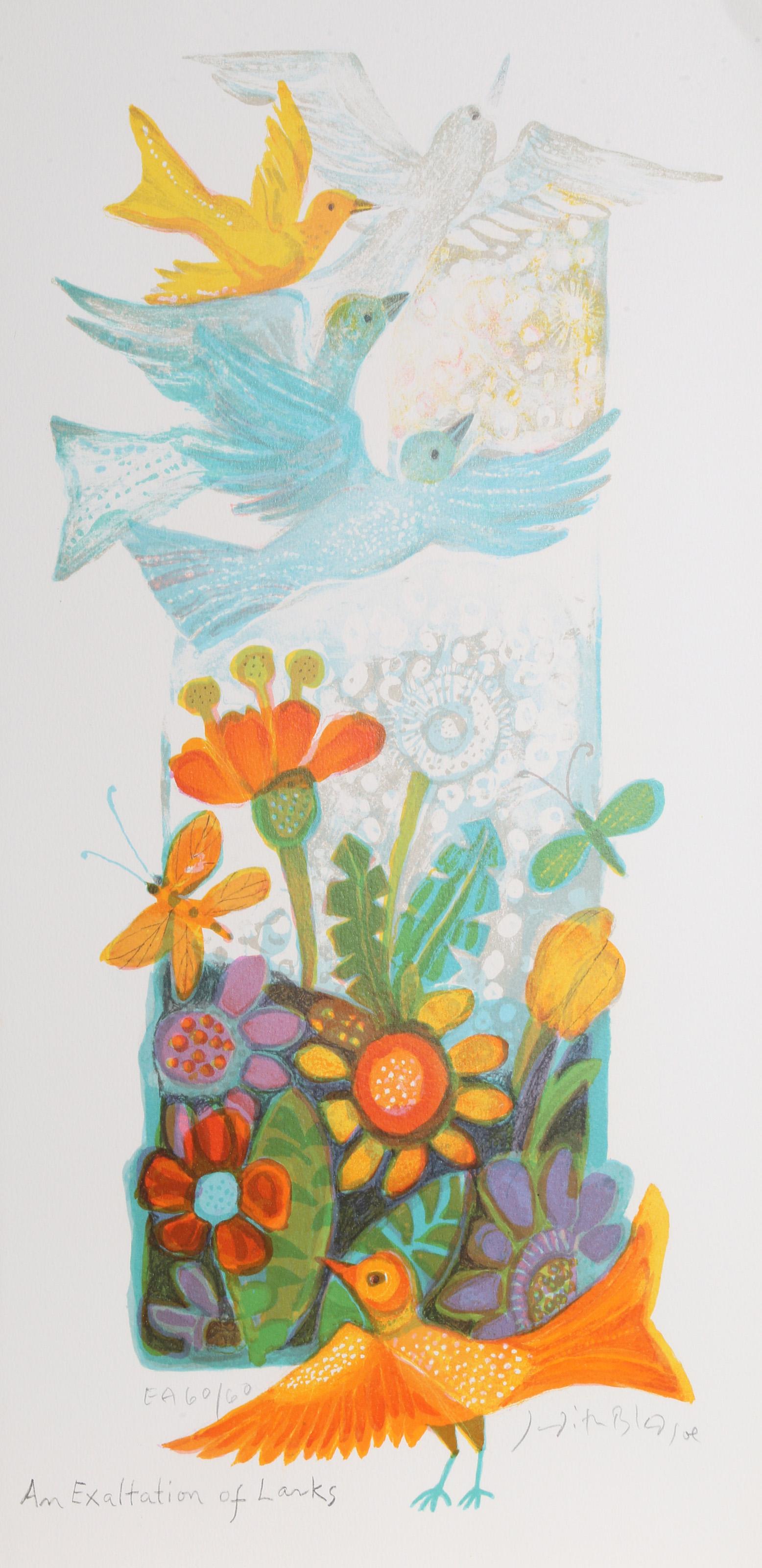Judith Bledsoe, Amerikanerin (1938 - 2013) -  Ein Lobgesang der Lerchen. Jahr: circa 1974, Medium: Lithographie, signiert und nummeriert mit Bleistift, Auflage: EA 60/60, Bildgröße: 13 x 8,5 Zoll, Größe: 23  x 11.5 in. (58.42  x 29,21 cm),