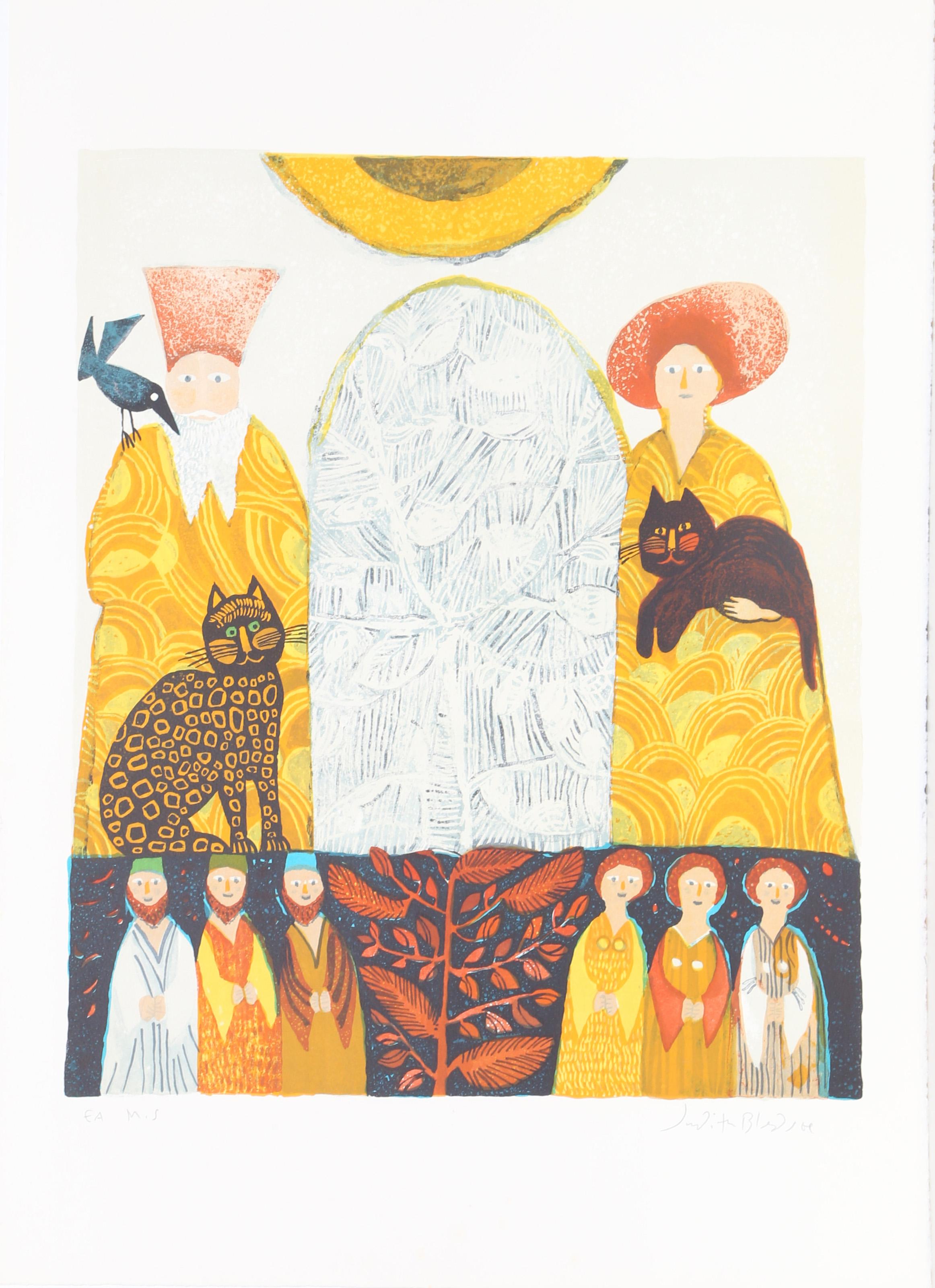 Judith Bledsoe, American (1938 - 2013) -  Angels and Saints. Year: circa 1970, Medium: Lithograph, signed and dedicated in pencil, Edition: EA, Image Size: 21.5 x 18 inches, Size: 29 x 21 in. (73.66 x 53.34 cm), Description: Standing beside one