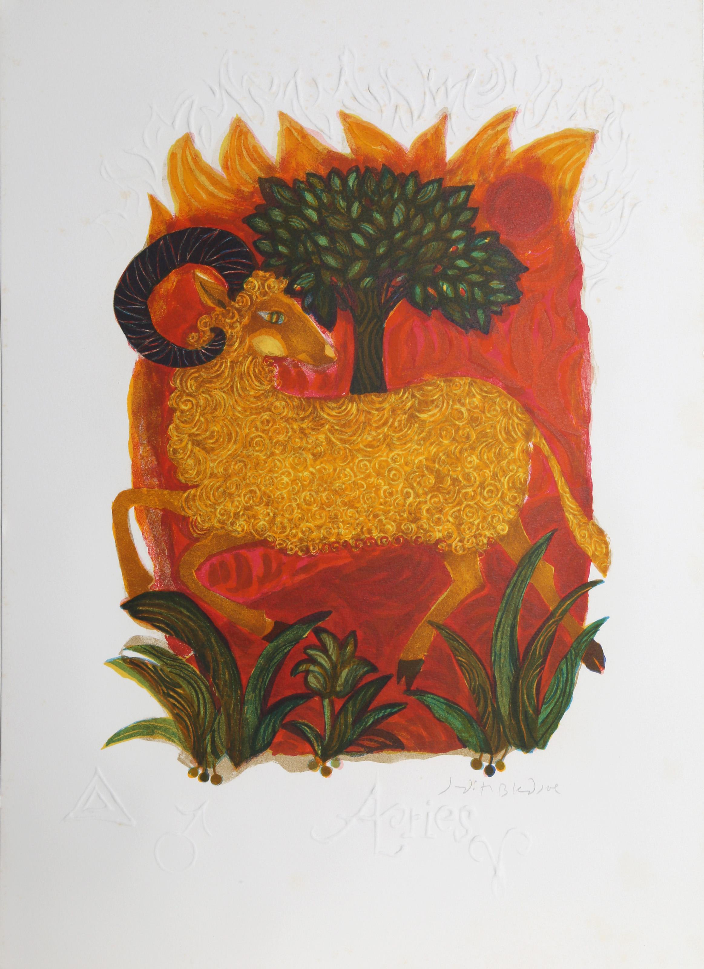 Judith Bledsoe, American (1938 - 2013) -  Aries from the Zodiac of Dreams Series. Year: circa 1970, Medium: Lithograph with Embossing, signed in pencil, Edition: EA, Size: 21 x 14.5 in. (53.34 x 36.83 cm), Description: Surrounded by a glowing fire,