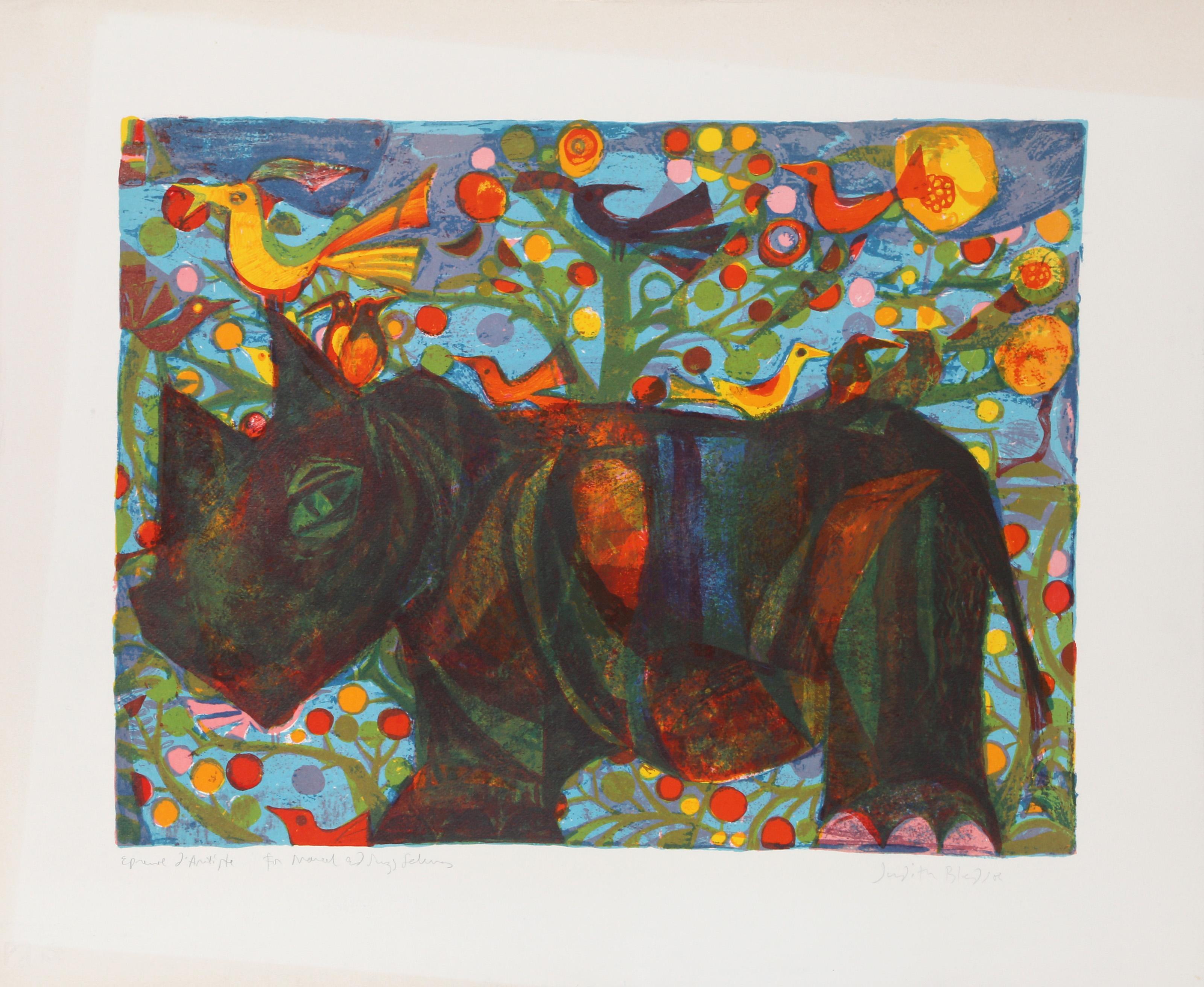 Judith Bledsoe, American (1938 - 2013) -  Black Rhino. Year: circa 1970, Medium: Lithograph, signed and dedicated in pencil, Edition: EA, Image Size: 16 x 21 inches, Size: 21.5 x 26 in. (54.61 x 66.04 cm), Description: Rendered in profile, Judith