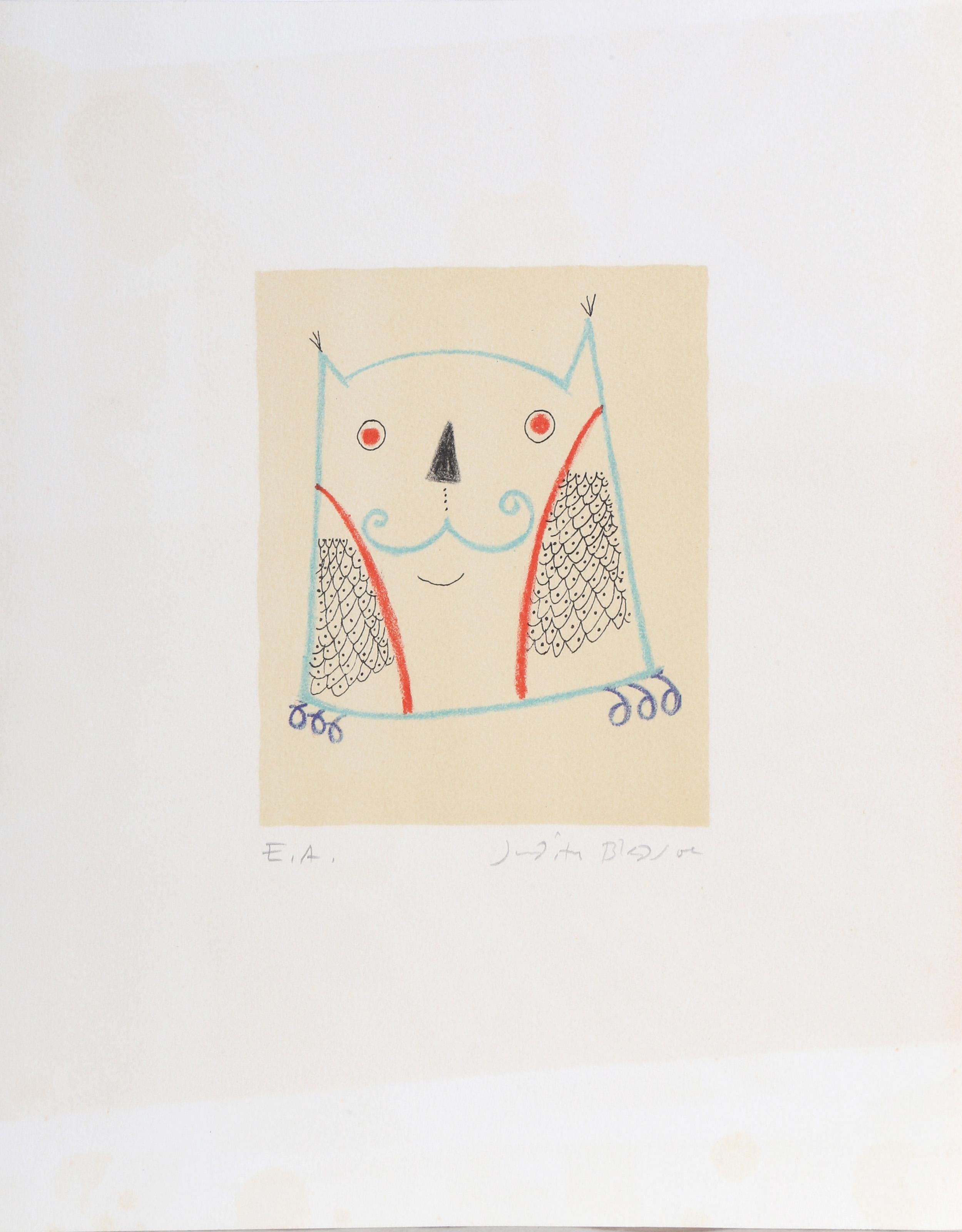 Judith Bledsoe, Américaine (1938 - 2013) -  Chat Bleu. Année : circa 1974, Médium : Lithographie, signée au crayon, Edition : EA, Taille : 15  x 10.5 in. (38.1  x 26,67 cm), Description : Réalisée de manière minimaliste, cette image d'un chat n'est