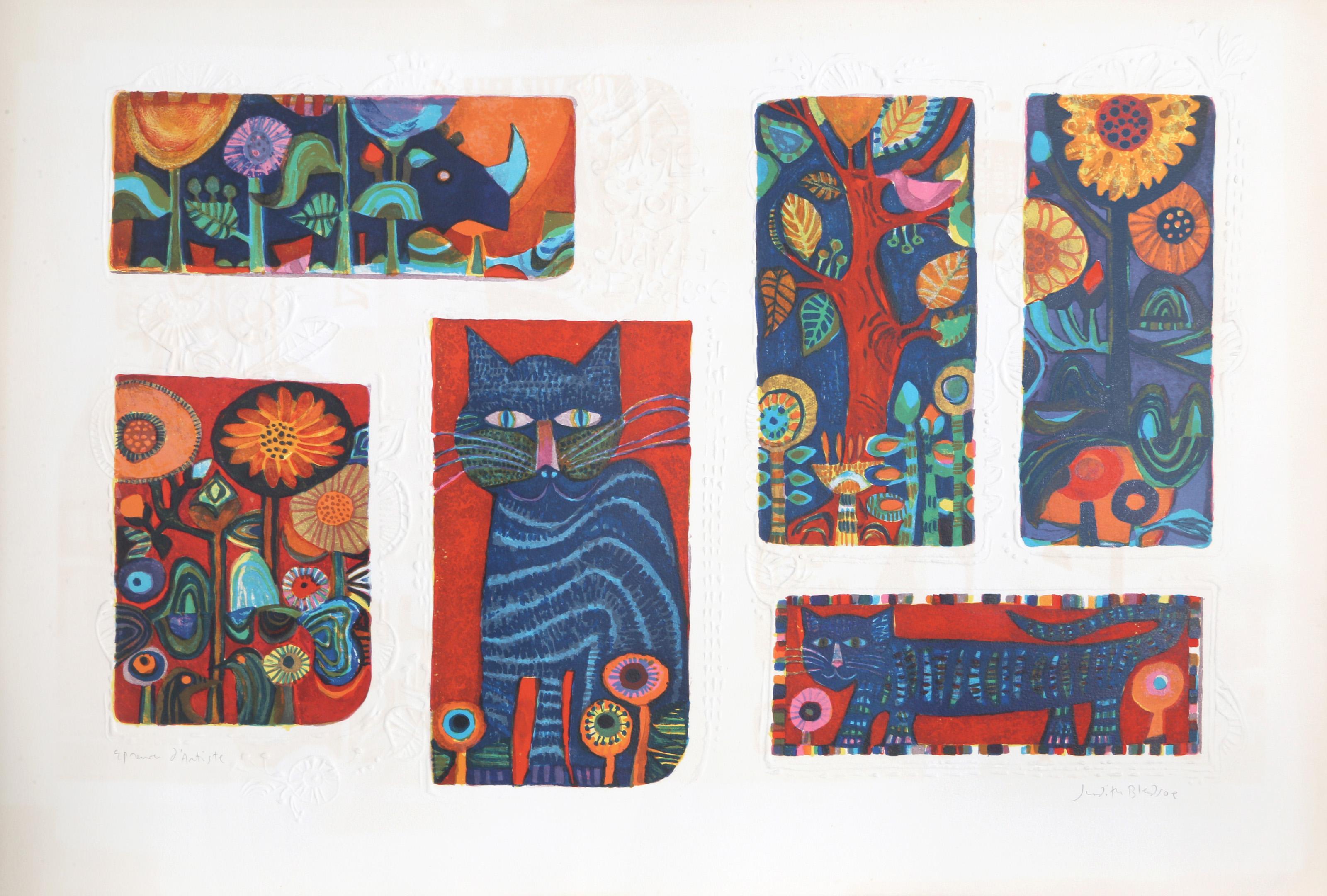 Judith Bledsoe, American (1938 - 2013) -  Cats and Flowers. Year: circa 1980, Medium: Lithograph with Blind Embossing, signed in pencil, Edition: EA, Size: 24 x 35 in. (60.96 x 88.9 cm), Description: In this multi-paneled composition, Judith Bledsoe