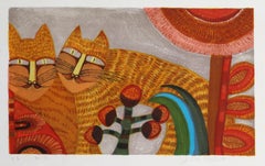 Cats, Folk Art Lithograph and Blind Embossing by Judith Bledsoe