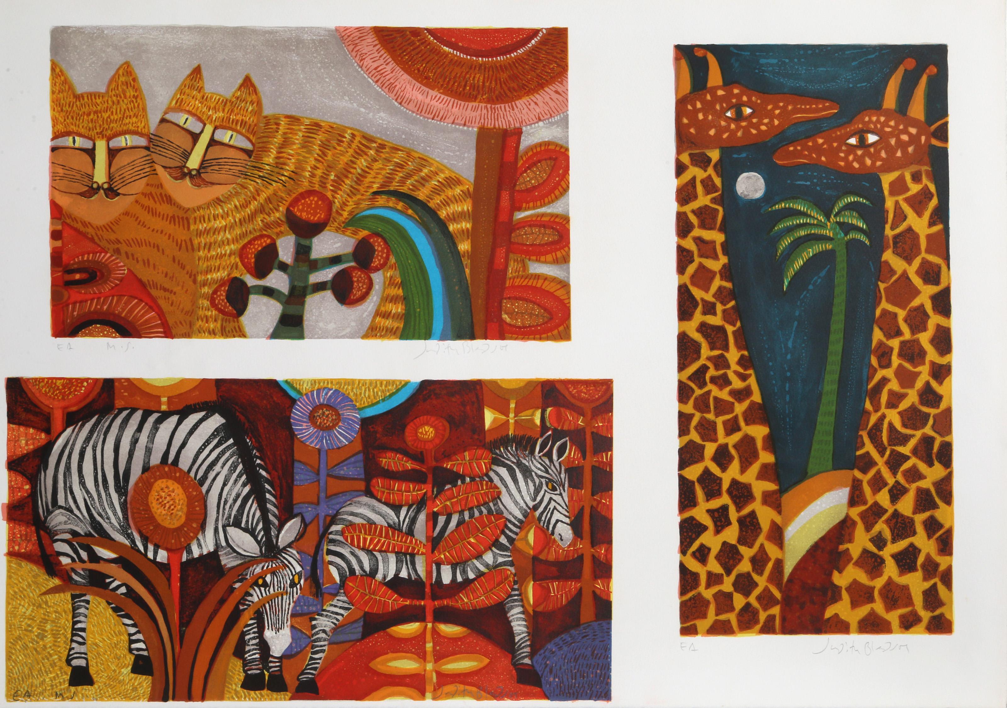 Judith Bledsoe, American (1938 - 2013) -  Cats, Giraffes and Zebras. Year: circa 1980, Medium: Lithograph and Blind Embossing, signed and dedicated in pencil, Edition: EA, Size: 21  x 29.5 in. (53.34  x 74.93 cm), Description: In this triple-paned