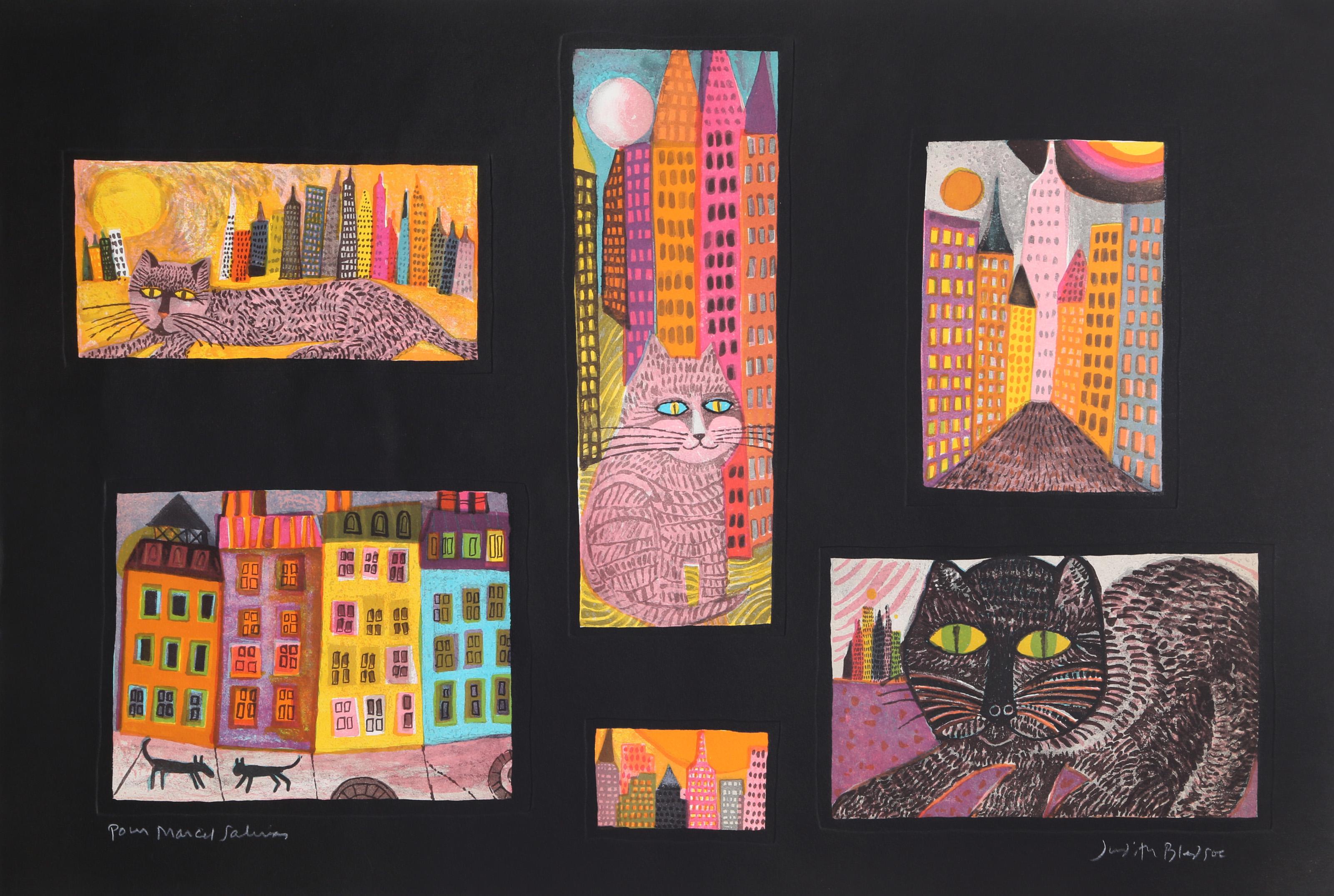 Judith Bledsoe, American (1938 - 2013) -  City Cats. Year: circa 1980, Medium: Lithographs on Black Tinted Paper, signed and dedicated in pencil, Edition: EA, Size: 24  x 35 in. (60.96  x 88.9 cm), Description: In this unique six-paneled