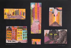 City Cats, Lithographs on Black Tinted Paper by Judith Bledsoe